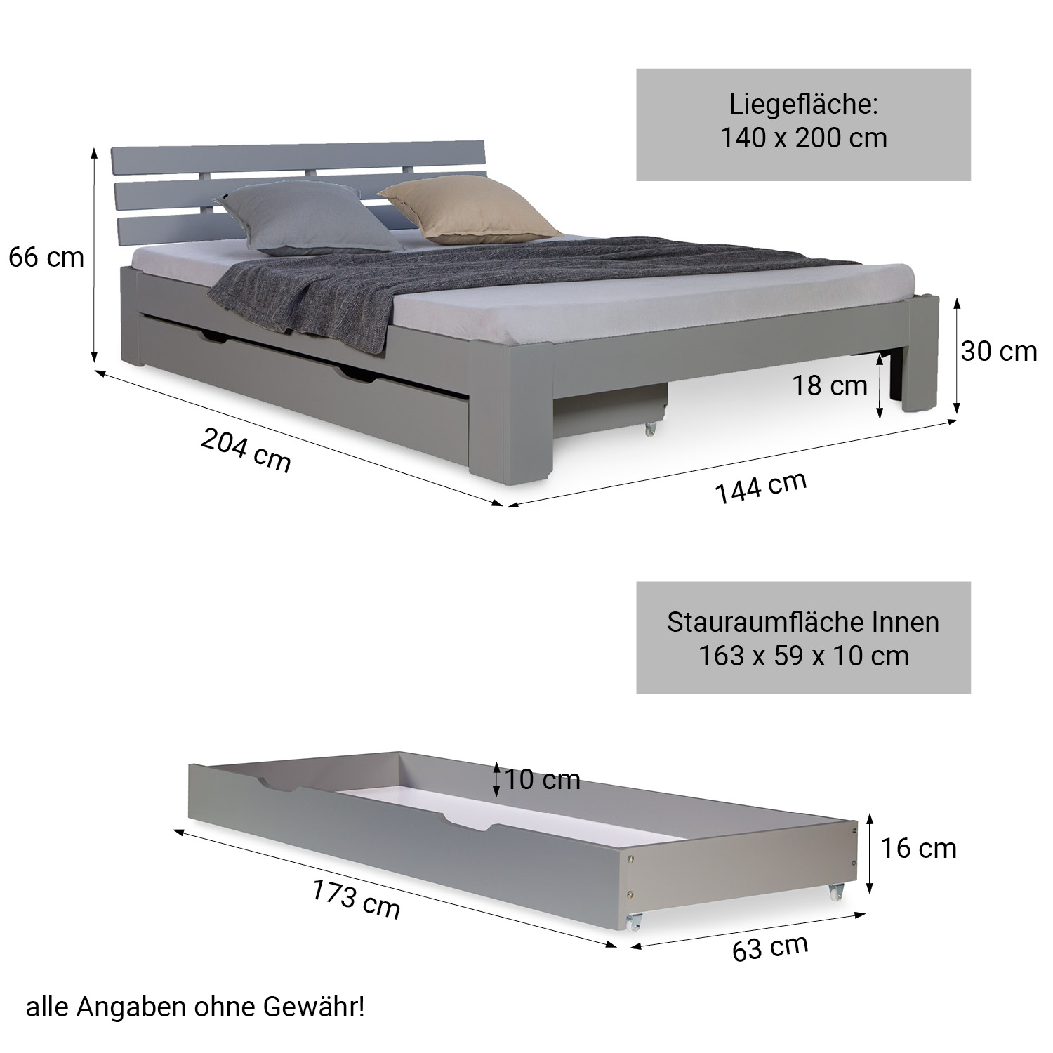 Wood Bed 140x200 cm Gray | Double Bed with Storage Drawer | with Slatted Frame | Solid | Kids Youth Guest Bedroom