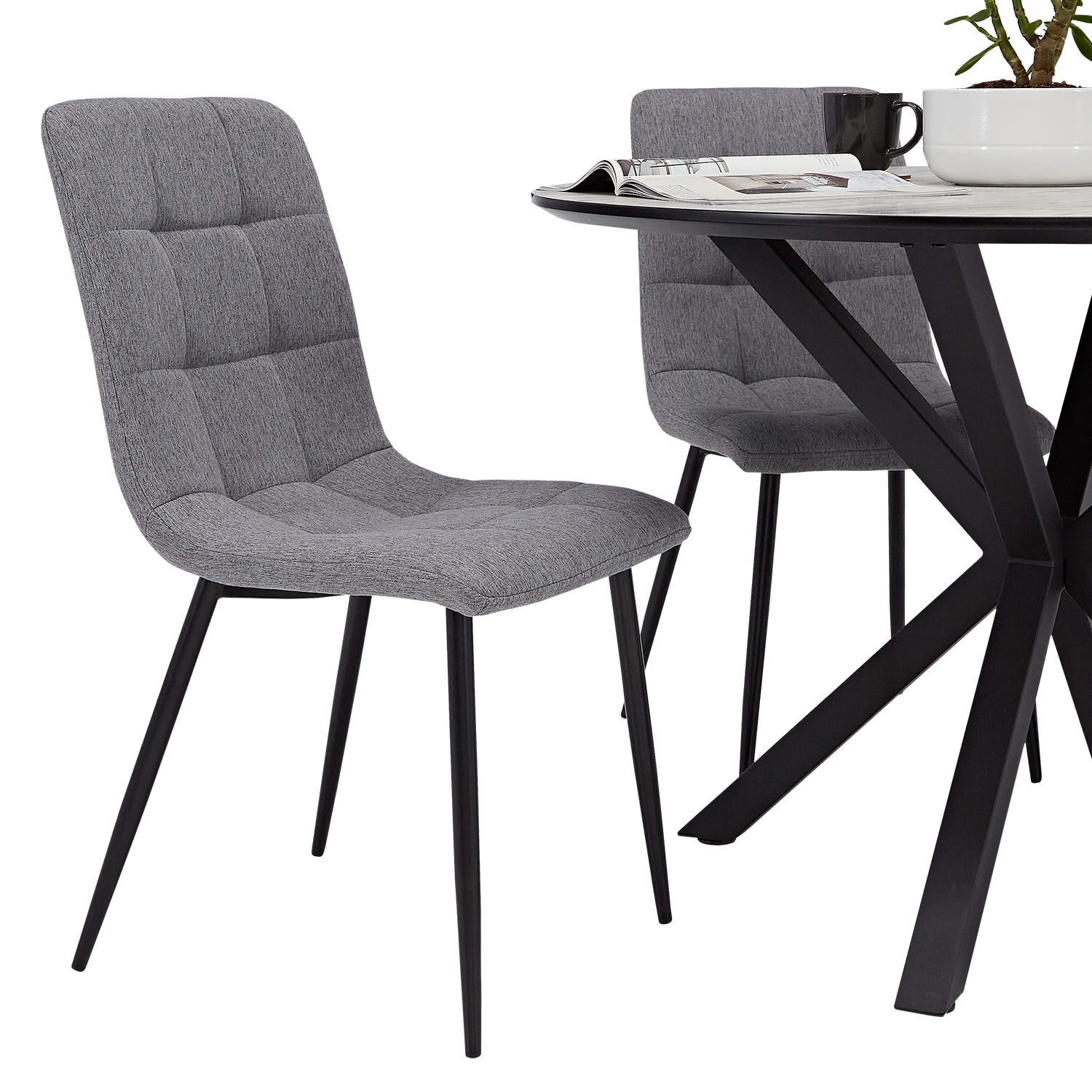 Dining set | 4-piece set upholstered chairs grey | dining table grey black metal frame round 110 cm