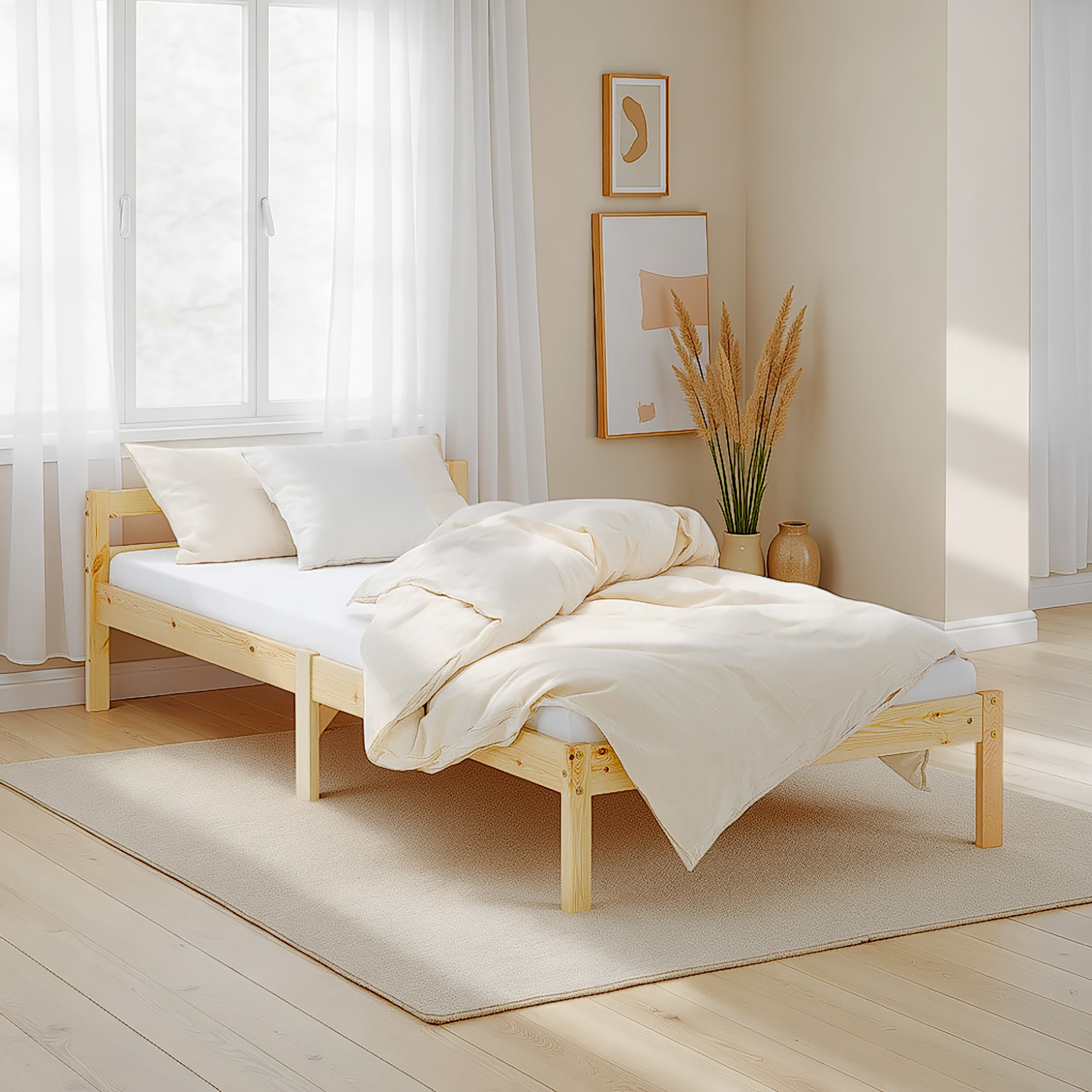 Wood Bed 90x200 cm Natural | Single Bed | with Slatted Frame | Kids Youth Guest Bedroom
