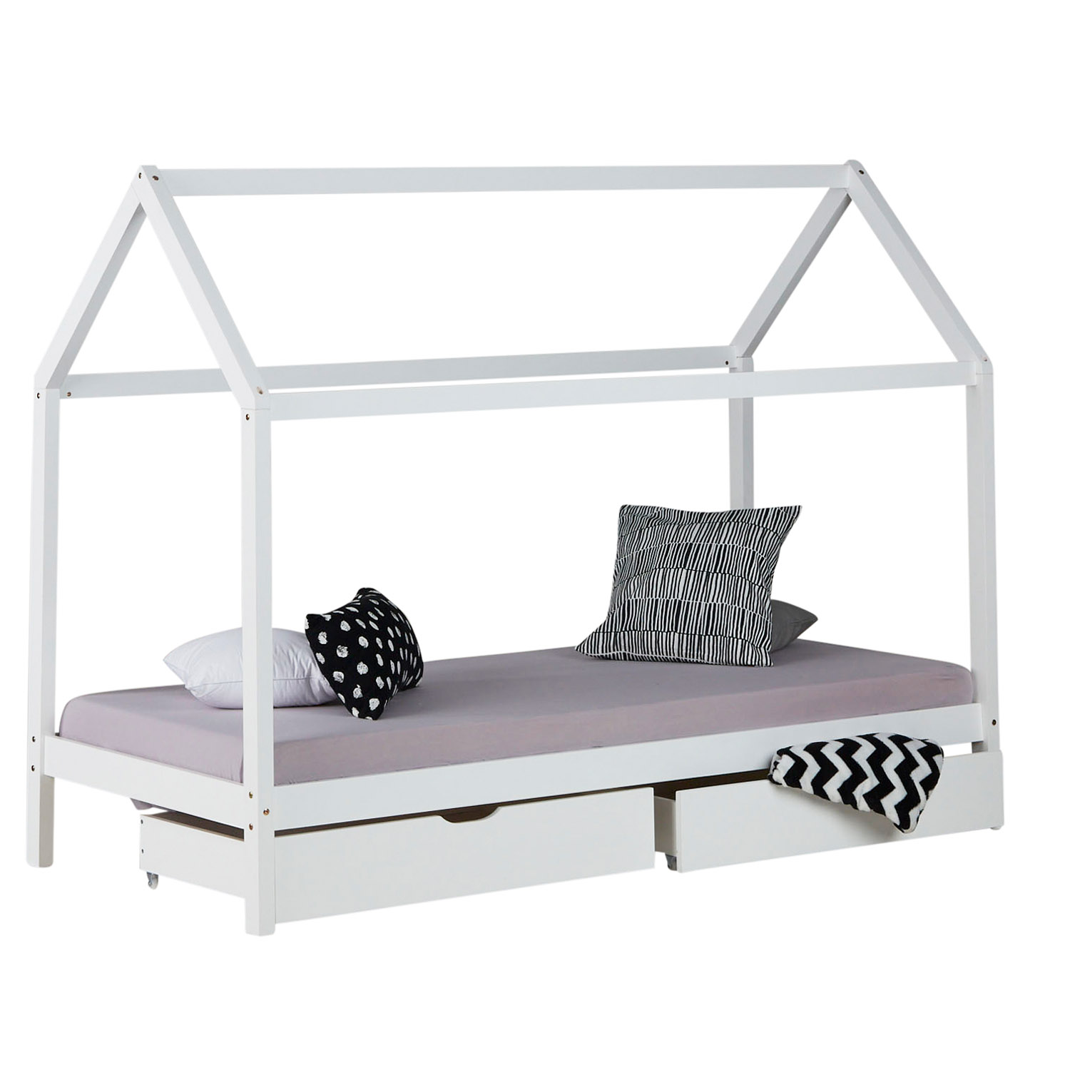 Cot Children's House White Grey Play Bed Wooden Bed 90 x 200 cm with Mattress Slatted Frame 