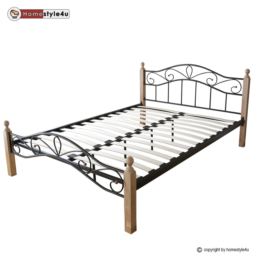 Metal Bed Iron Bed Double 140 x 200 Wood Slatted black natural bed frame 920 Metal Bed Iron Bed Double 160 x 200 Wood Slatted black natural bed frame 920