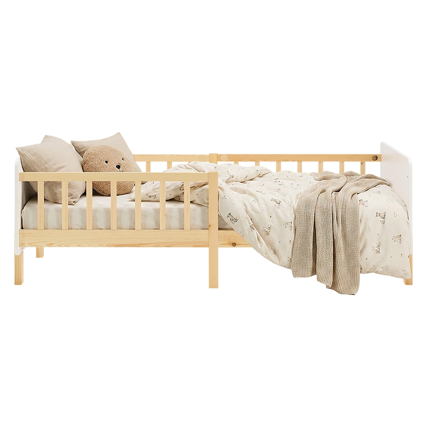 Single bed 90x200 cm White with Mattress Wooden Bed frame Toddler bed with safety rail Kids bed Childrens bed Slatted frame