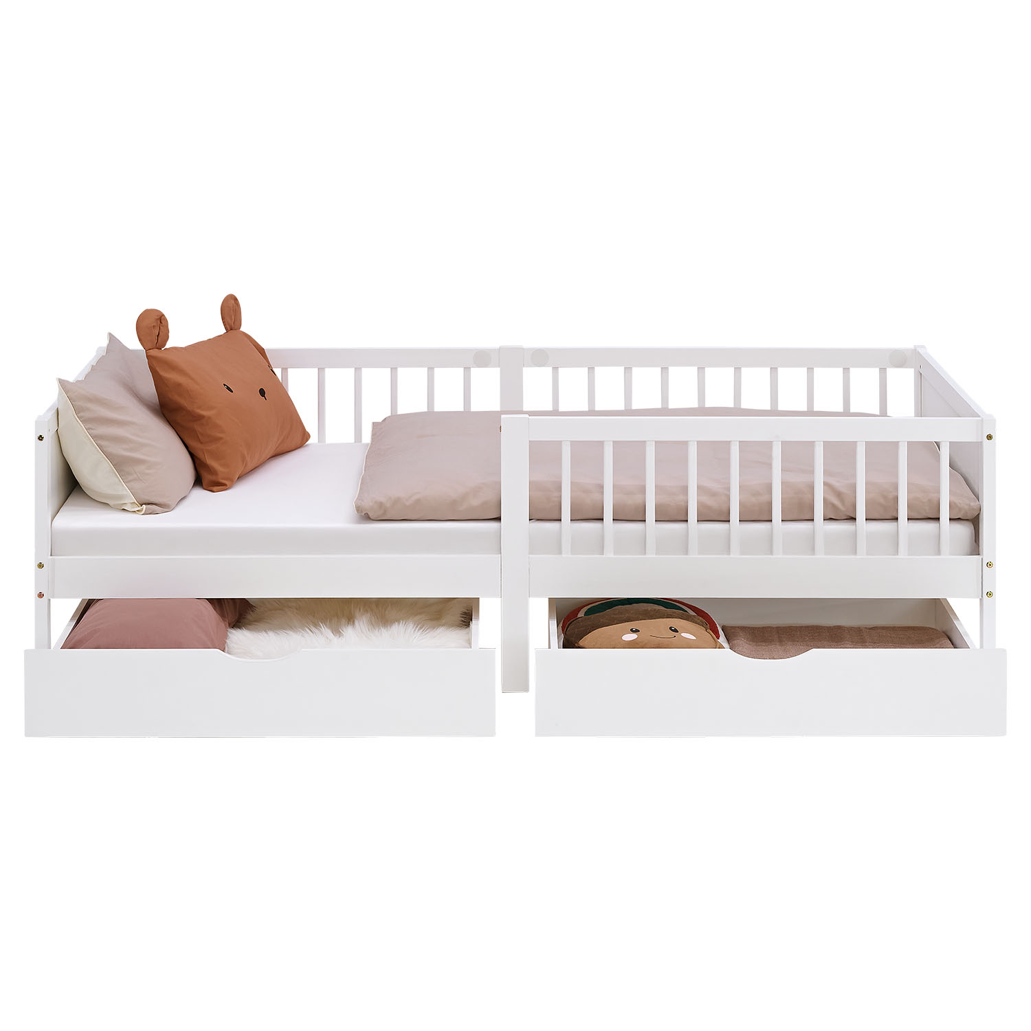 Children's Bed 90x200 cm White Natural | Wooden bed with 2 drawers | Single Bed | with Slatted Frame | Fall Protection