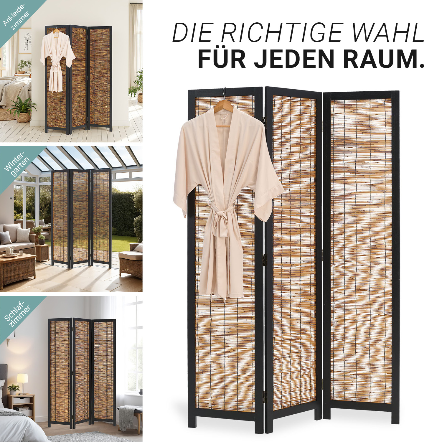 Paravent Black Wooden | 3-panel | Willow | Room Divider Partition Privacy Screen