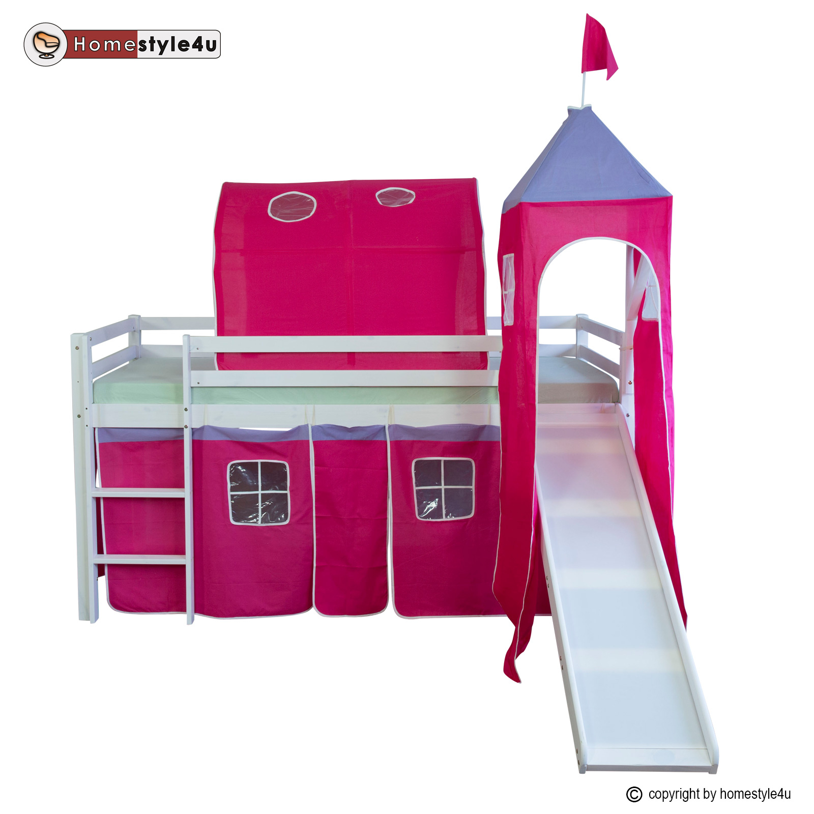 Loft Bed Kids 90x200 cm White with Curtain in Pink | Tunnel | Tower | Slide | without Slatted Frame