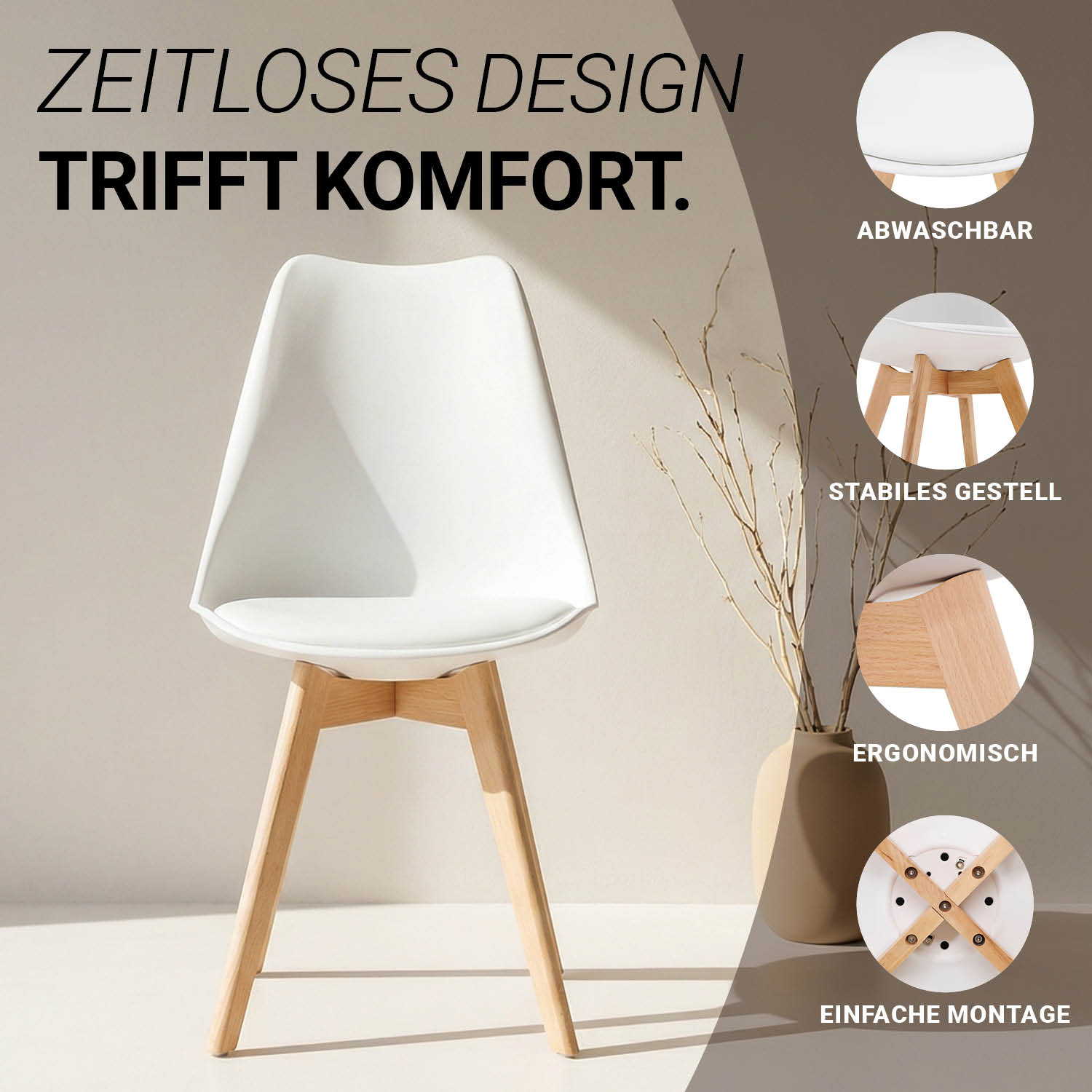 6 White Dining Chairs – Modern Plastic Design Chair with Wooden Legs | Set of 6 Contemporary Kitchen & Dining Chairs