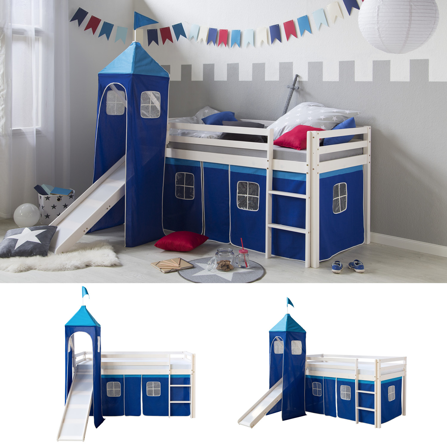 Loft Bed Kids 90x200 cm White with Curtain in Blue | Tower | Slide | without Slatted Frame Loft Bed Kids 90x200 cm White with Curtain in Blue | Tower | Slide | without Slatted Frame
