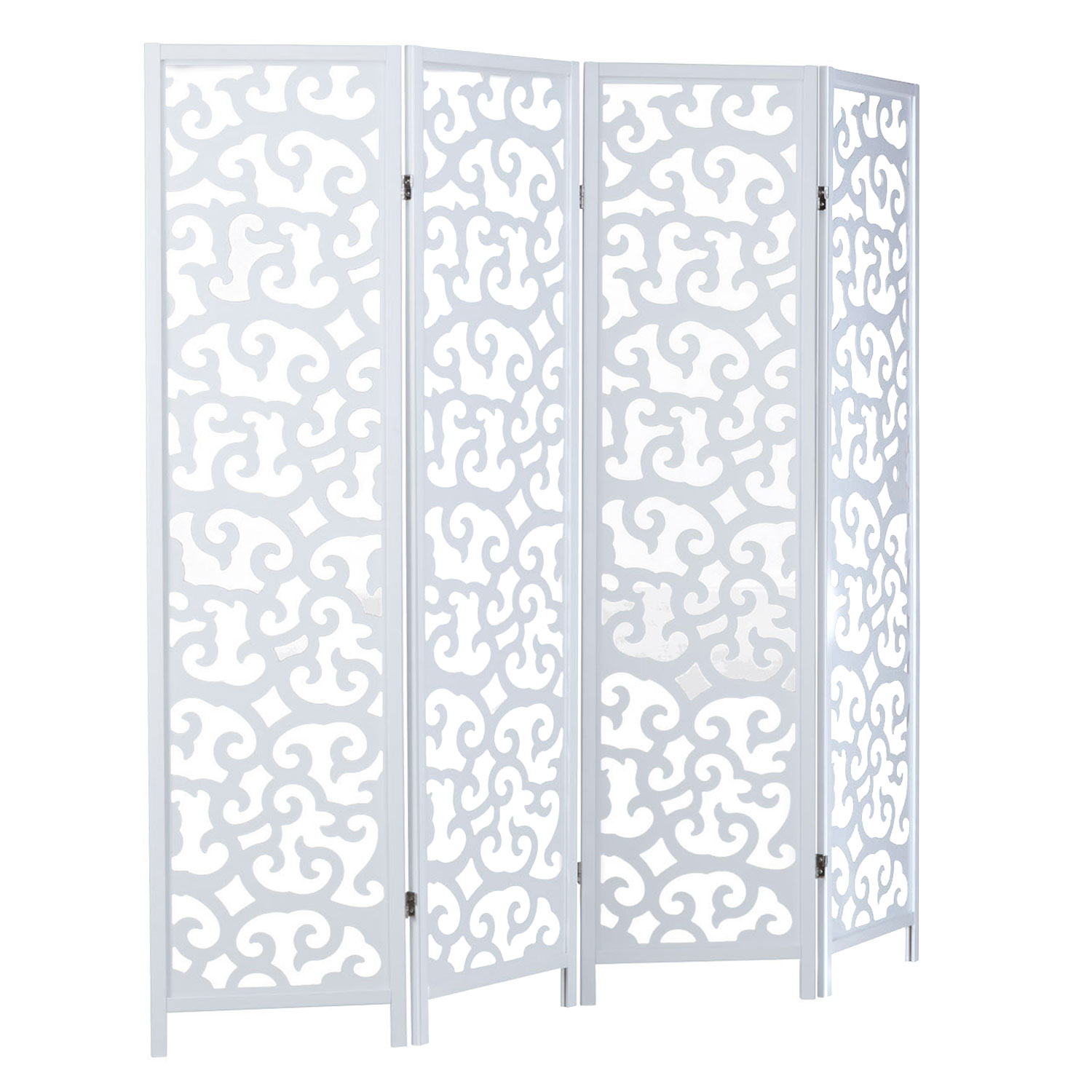 Paravent White with decoration | 4-panel | Wood | Room Divider Partition Privacy Screen