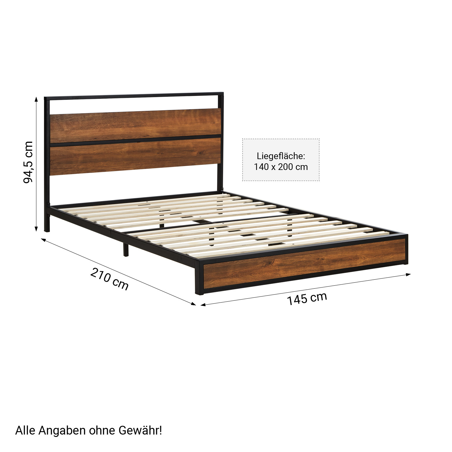 Solid Metal Bed with Mattress 140x200 cm Slatts Double Bed Black Futon Bed Wood Brown Platform Bed Frame Guest Bed 
