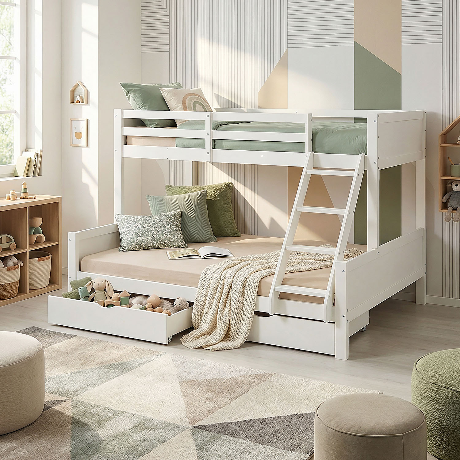 Bunk Bed Kids Bed 90x200 and 140x200 cm White Grey 2 Mattresses Wood Cabin Bed High Sleeper Bed Loft Bed Childrens Bed Twin Bed Drawer