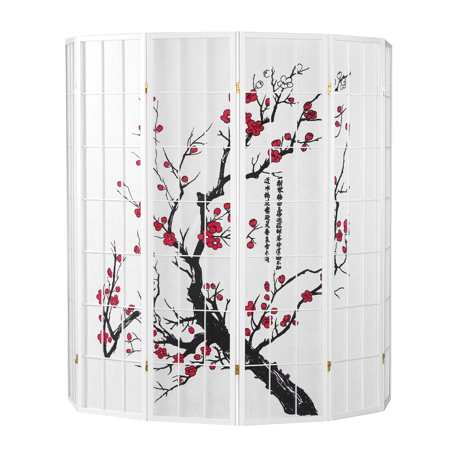 Paravent White Cherry Pattern | Rice Paper White | 6-panel | Wood | Room Divider Partition Privacy Screen