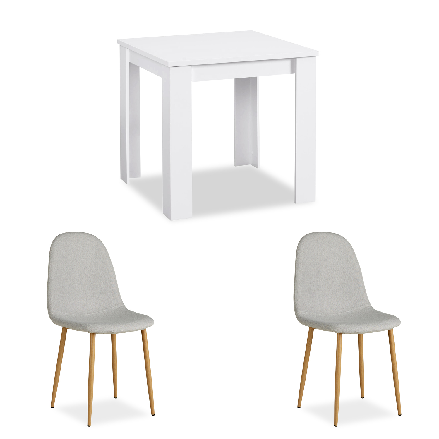 Dining set | 2-piece set upholstered chairs Lichtgrau without armrest | dining table white 80 x 80 cm