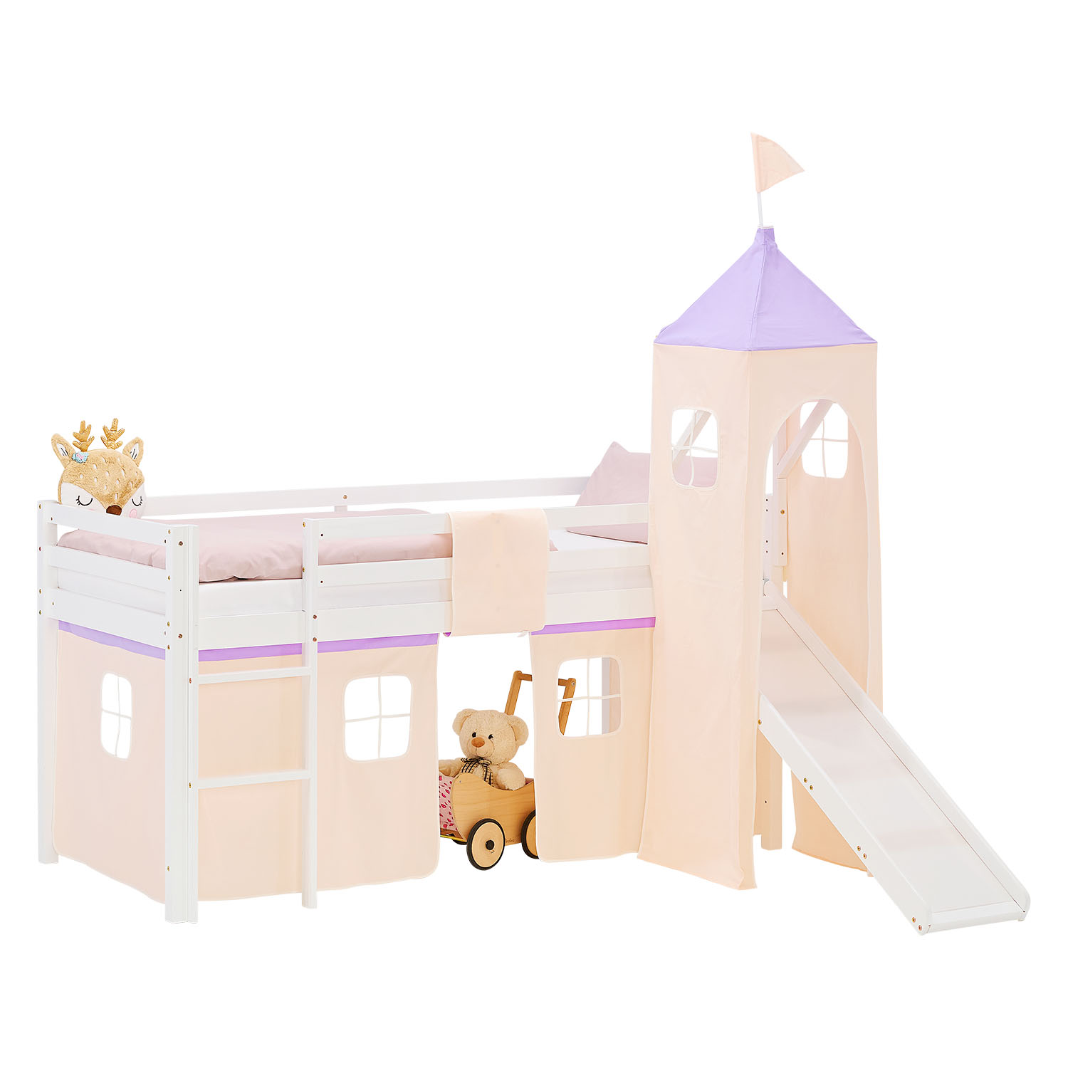Kinderhochbett in Lila mit Elementen aus Kiefernholz, Lattenrost, Matratze, Rutsche, Spielturm und Spielvorhang. Das weiße Hochbett ist mit Matratze und Kissen vor weißem Hintergrund abgebildet. Sichtbar sind eine Leiter, seitliche Schutzgitter, ein Spiel