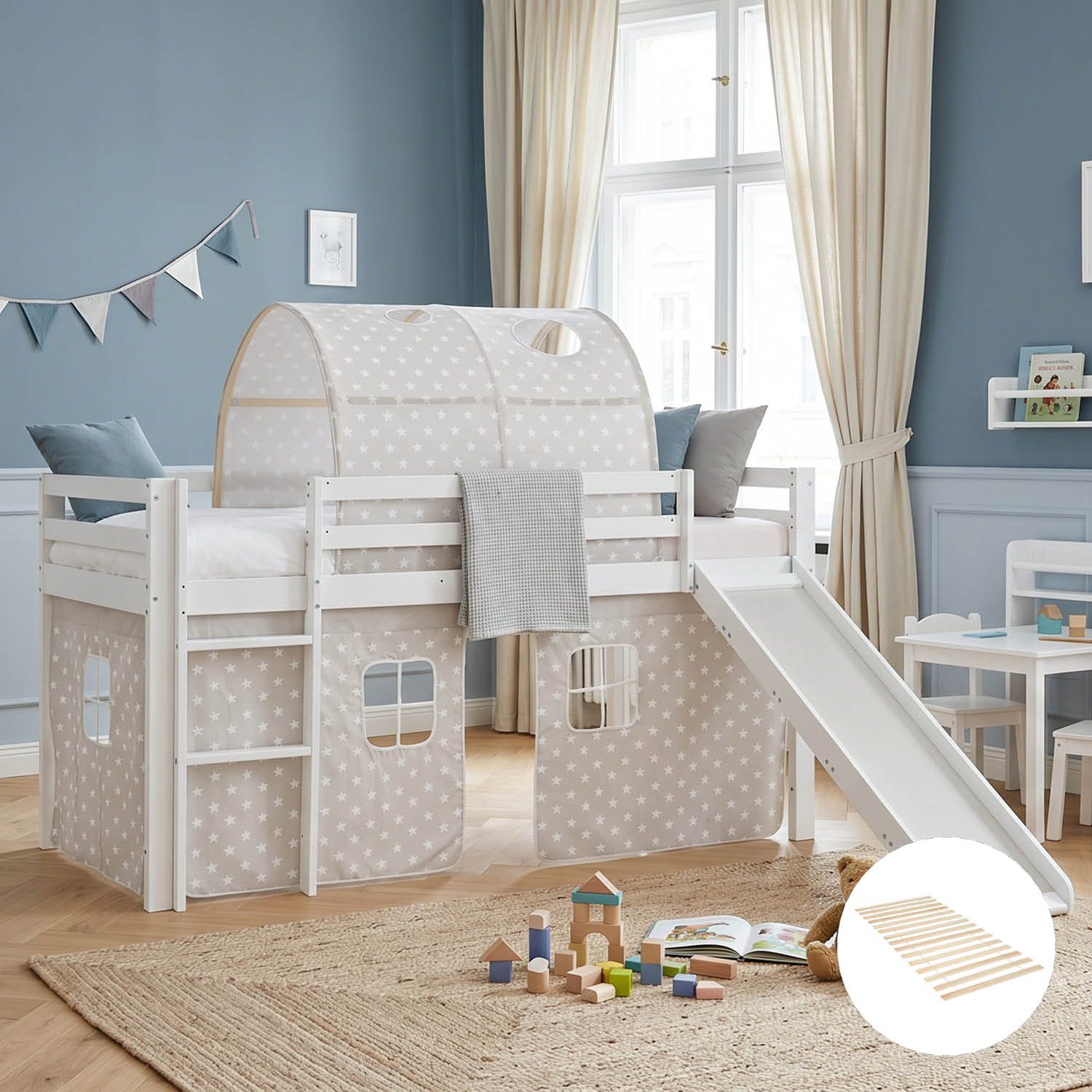 Children's Loft Bed 90x200 cm White with Star Curtain | Tunnel | Slide | Includes Slatted Base
