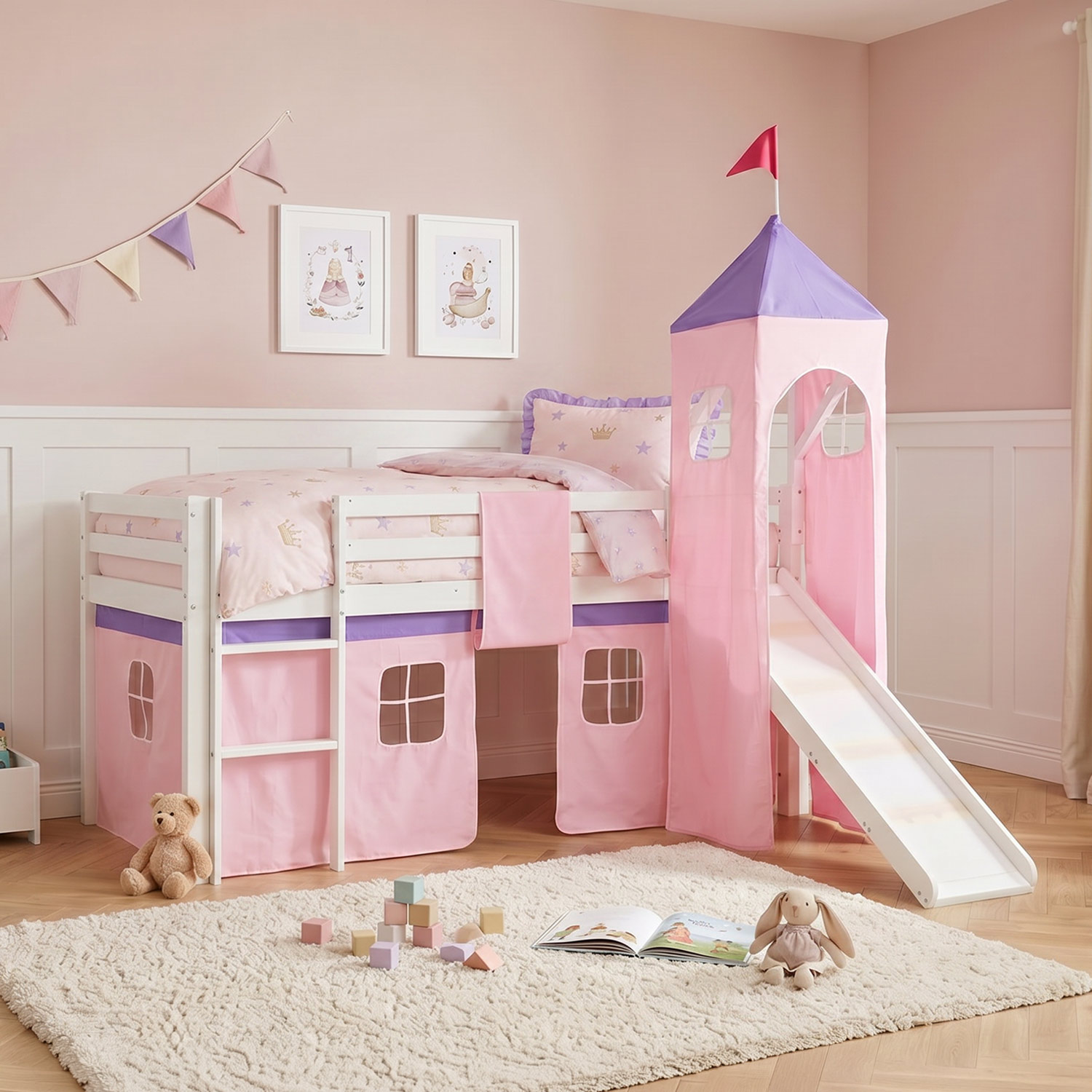 Loft Bed Play Bed Cot Slide Tower Curtain Pink 90x200 Youth Bed