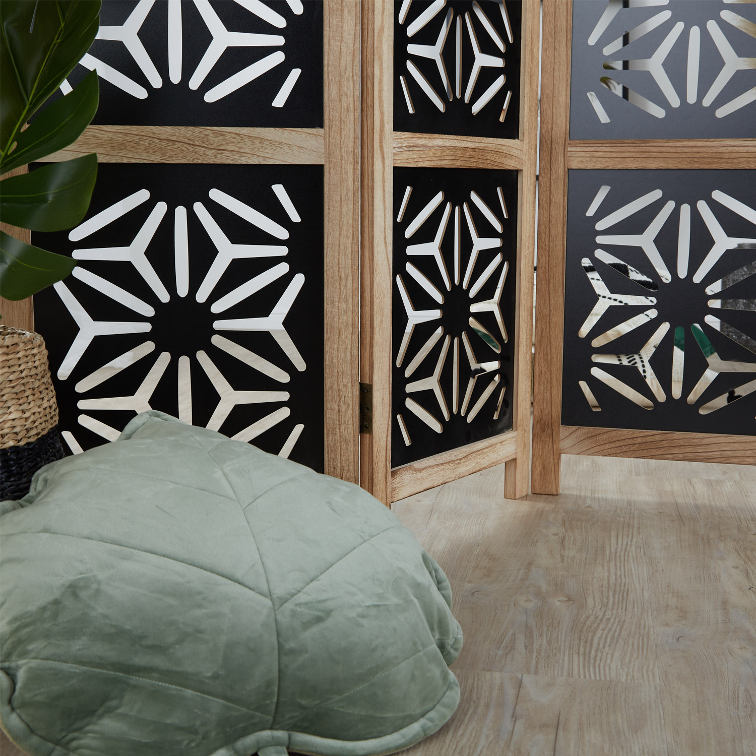 Paravent Natural Black Decorations | 3-panel | Wood | Room Divider Partition Privacy Screen