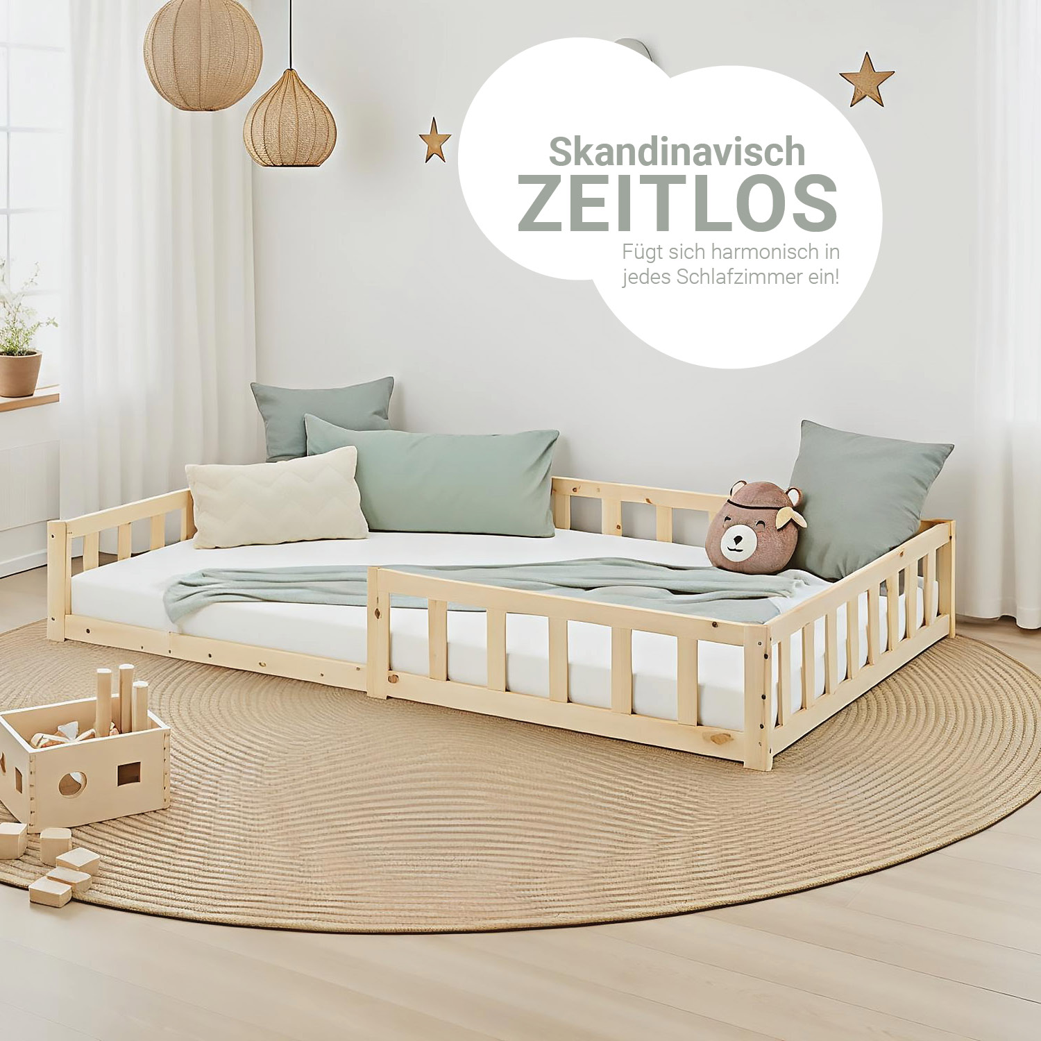 Children's Bed 120x200 Natural | Floor Bed with Mattress & Slatted Frame | with Fall Protection | Montessori