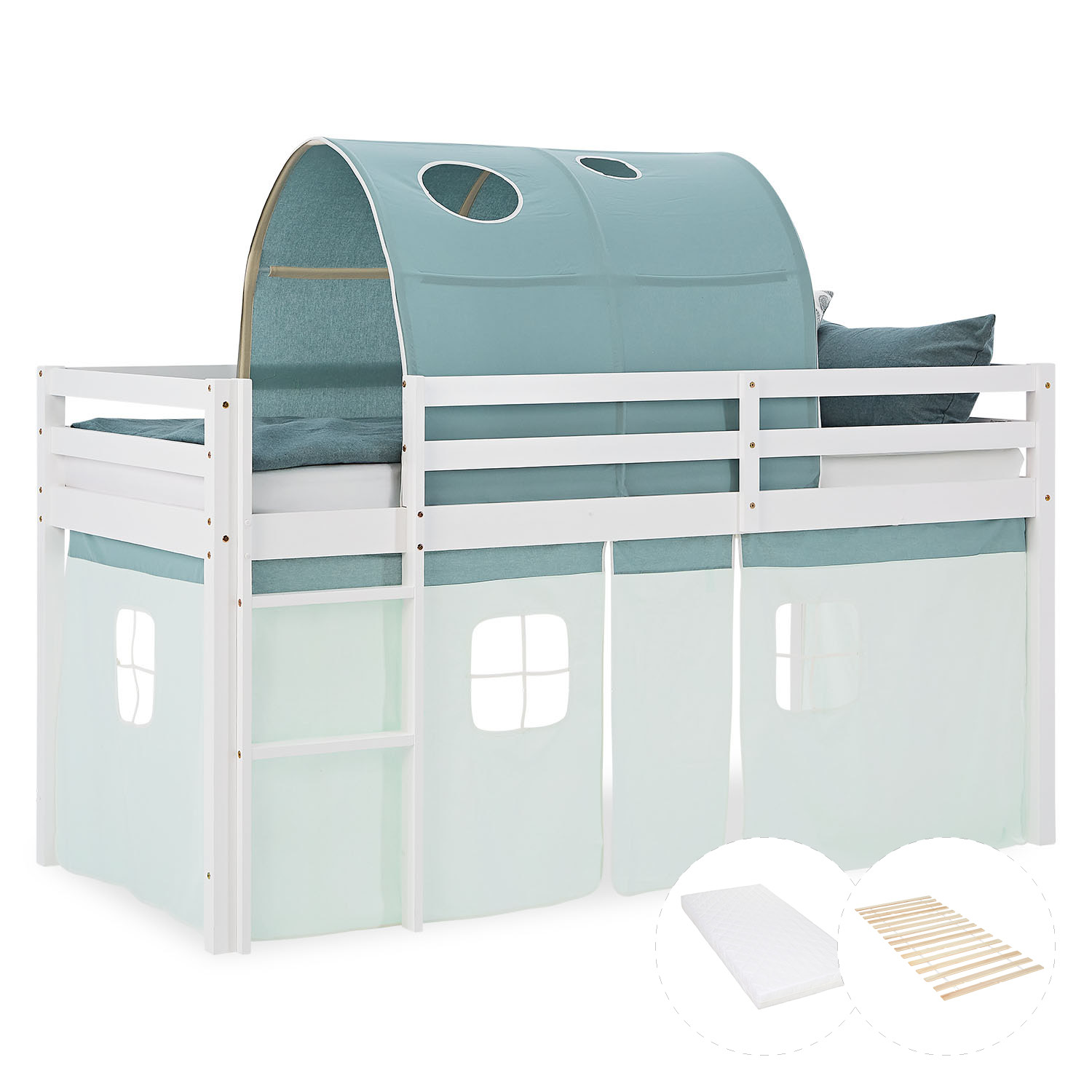 Kinderhochbett in Grün mit Elementen aus Kiefernholz, Lattenrost, Matratze, Spieltunnel und Spielvorhang. Das weiße Hochbett ist mit Matratze und Kissen vor weißem Hintergrund abgebildet. Sichtbar sind eine Leiter, seitliche Schutzgitter, ein Spielvorhang