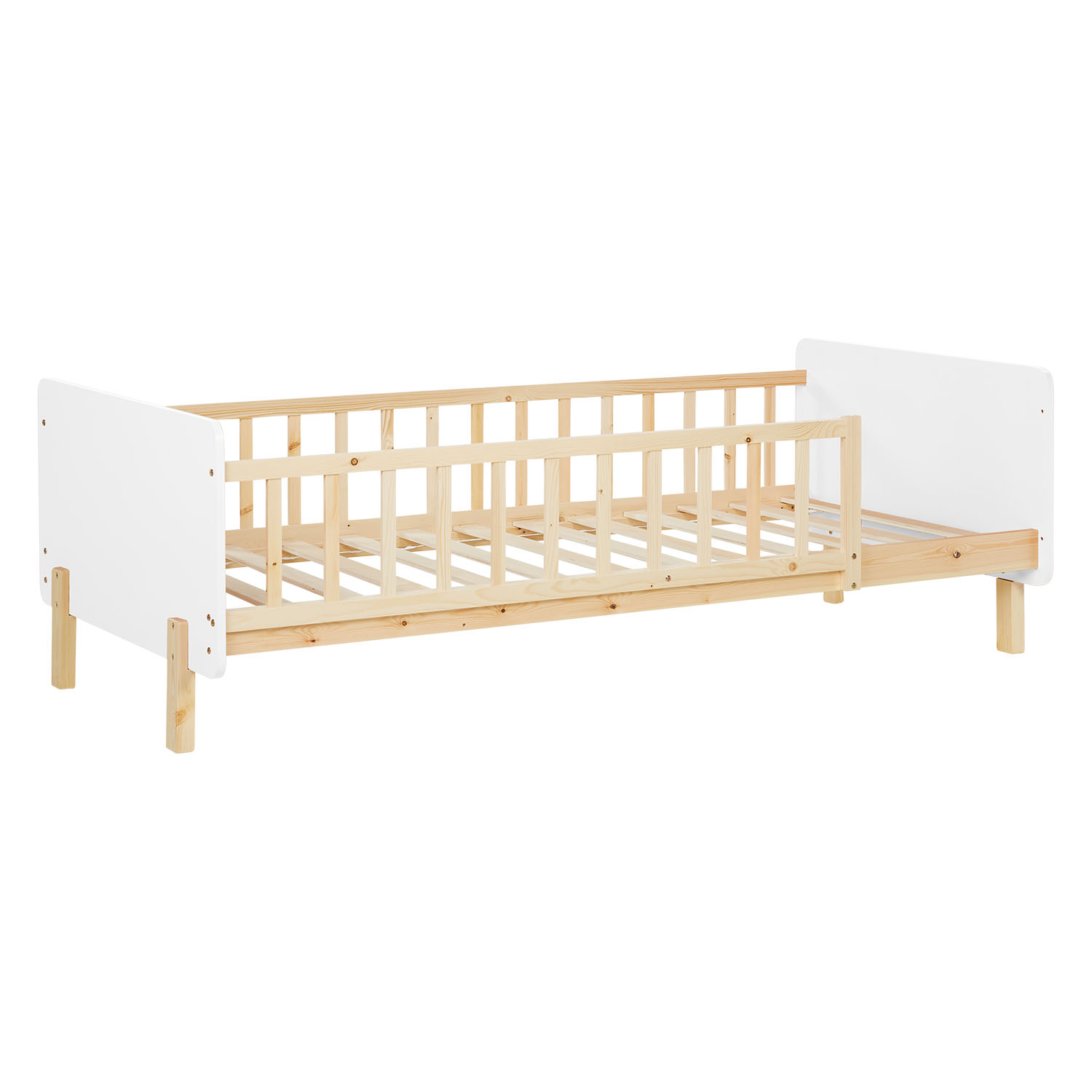 Children's Bed 90x200 cm White Natural | Retro Bed with Fall Protection | Single Bed | with Slatted Frame | Wood