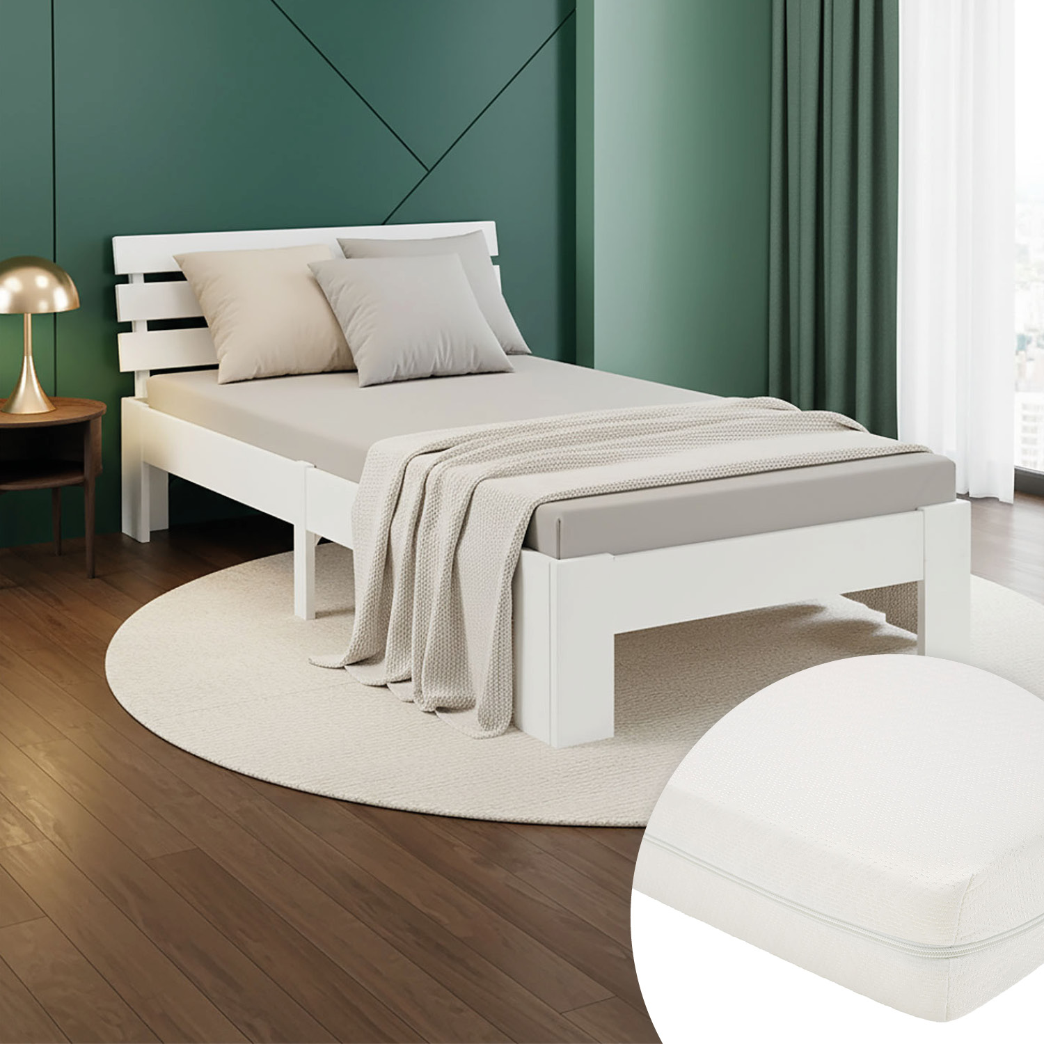 Wood Bed 90x200 cm White | Single Bed | with Mattress | Solid | Kids Youth Guest Bedroom