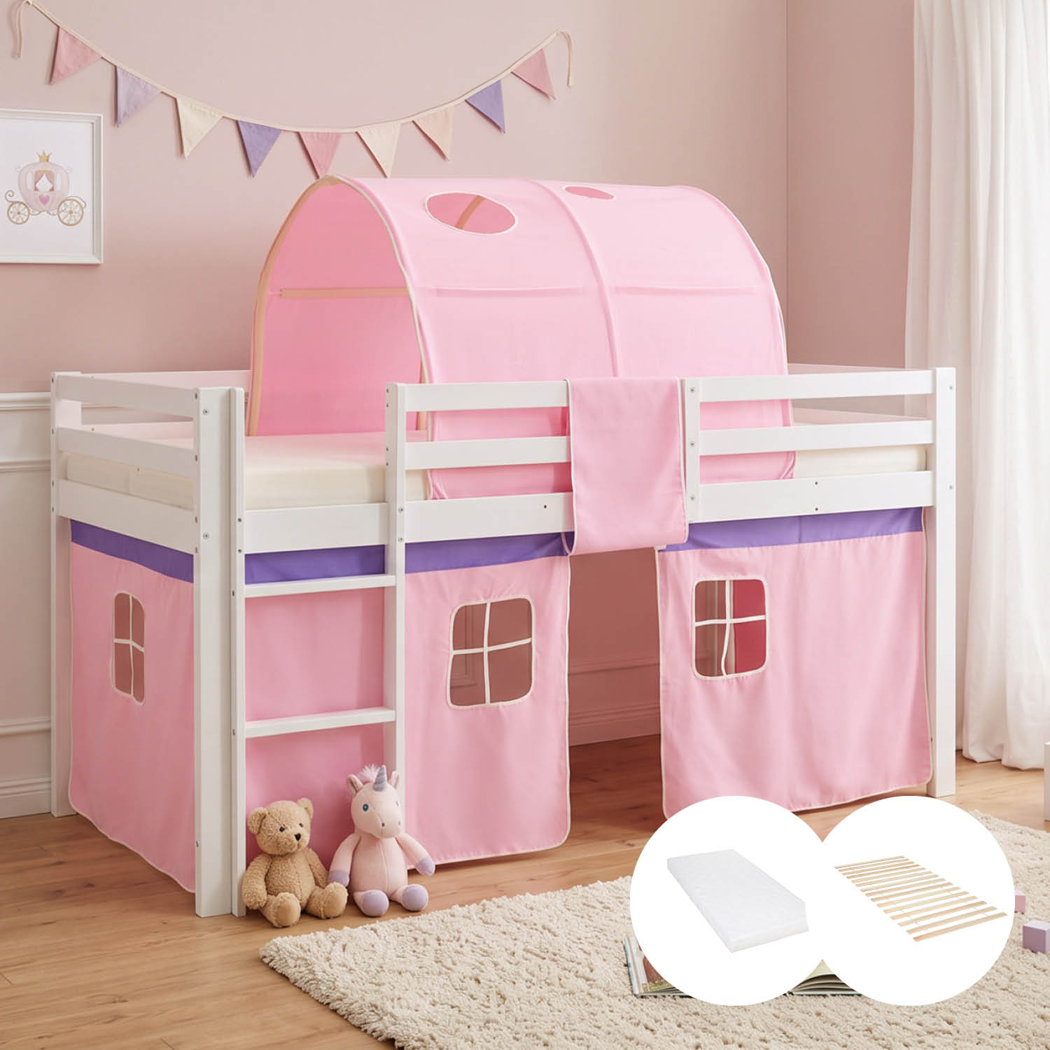 Children's loft bed, 90x200 cm, white with a pink tunnel curtain | with slatted base | with mattress