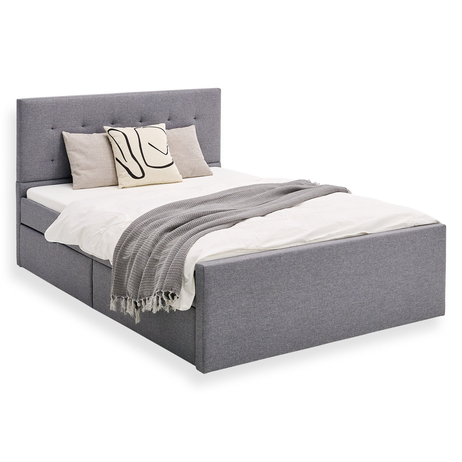 Upholstered bed in medium grey with full-height footboard and headboard, featuring two large built-in drawers on the side. The tufted headboard adds a classic touch, and the bed is styled with neutral bedding and decorative pillows in grey and black.