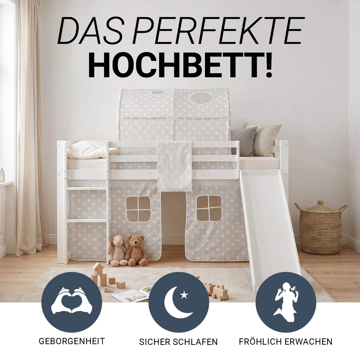 Children's Loft Bed 90x200 cm White with Star Curtain | Tunnel | Slide | Includes Slatted Base | Includes Mattress