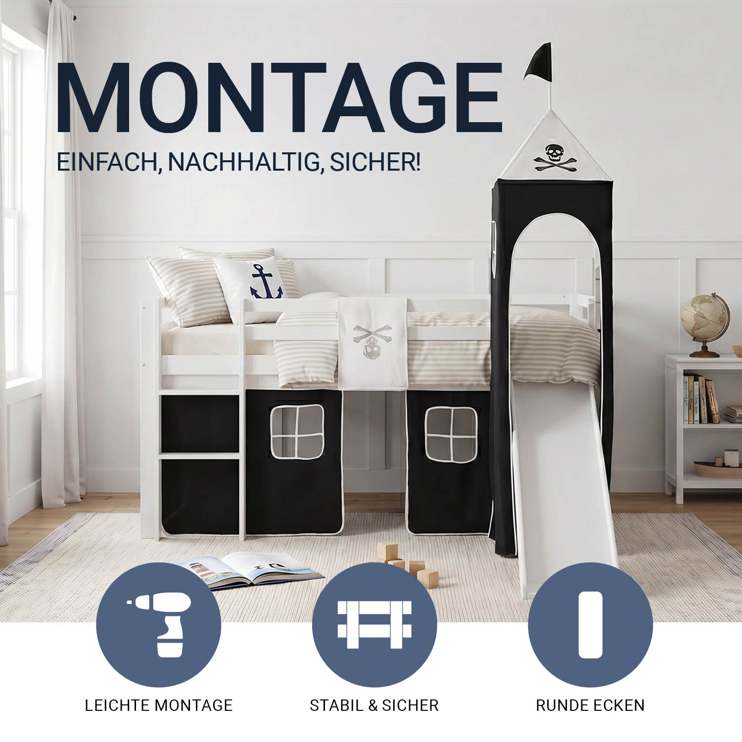 Children's Loft Bed 90x200 cm White with Black Curtain | Tower | Slide | With Slatted Base | For Boys | Pirate