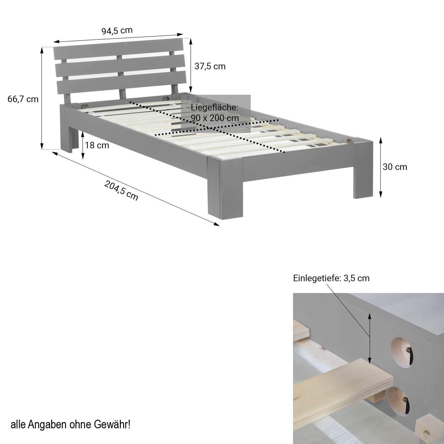 Wood Bed 90x200 cm Gray | Single Bed | with Slatted Frame | Solid | Kids Youth Guest Bedroom