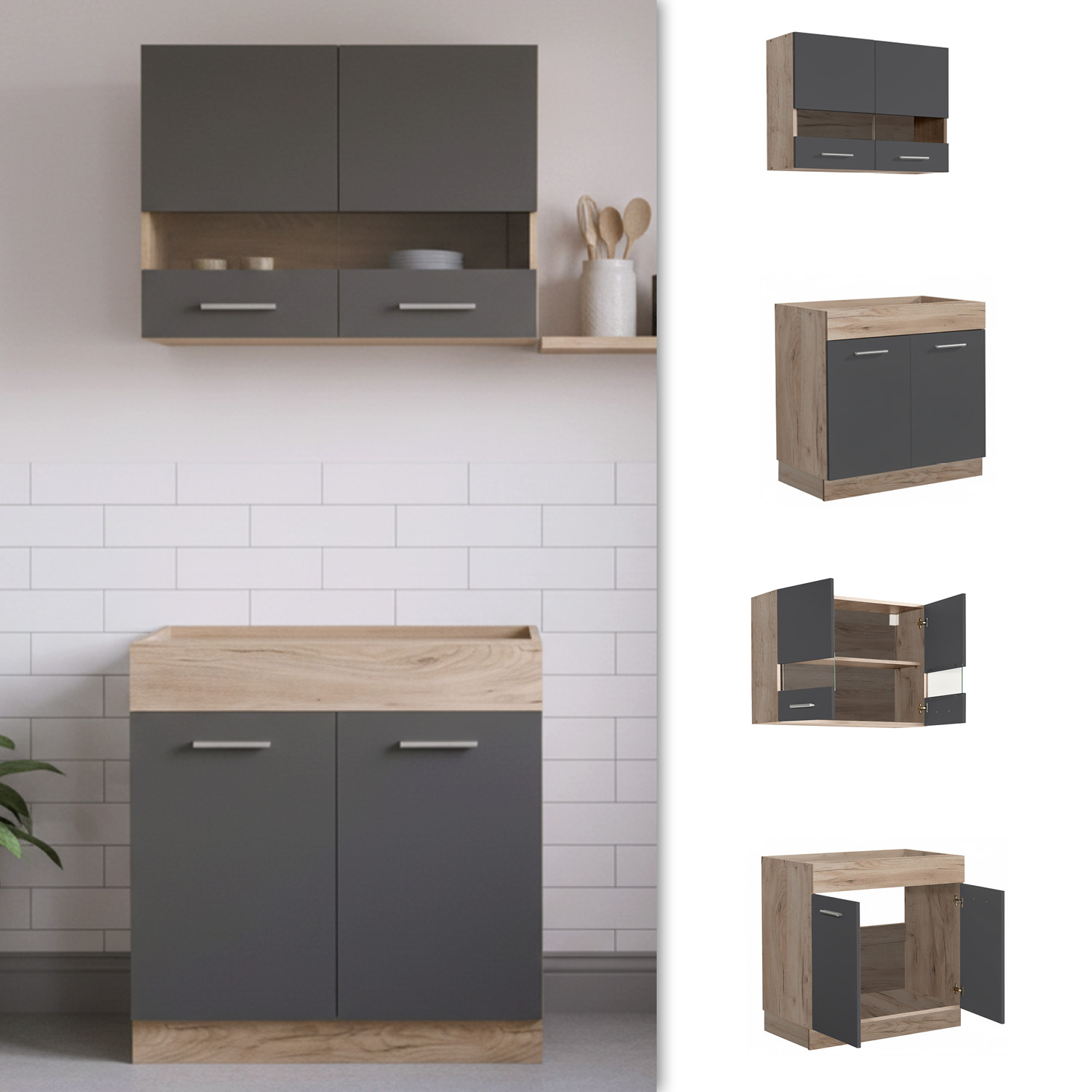 Küchenzeile ohne Elektrogeräte in Grau mit Oberflächen in Eichenoptik und Glaselementen. Der Hängeschrank und der Unterschrank sind getrennt auf weißem Hintergrund abgebildet; eingezeichnete Maßlinien ergänzen die Ansicht.