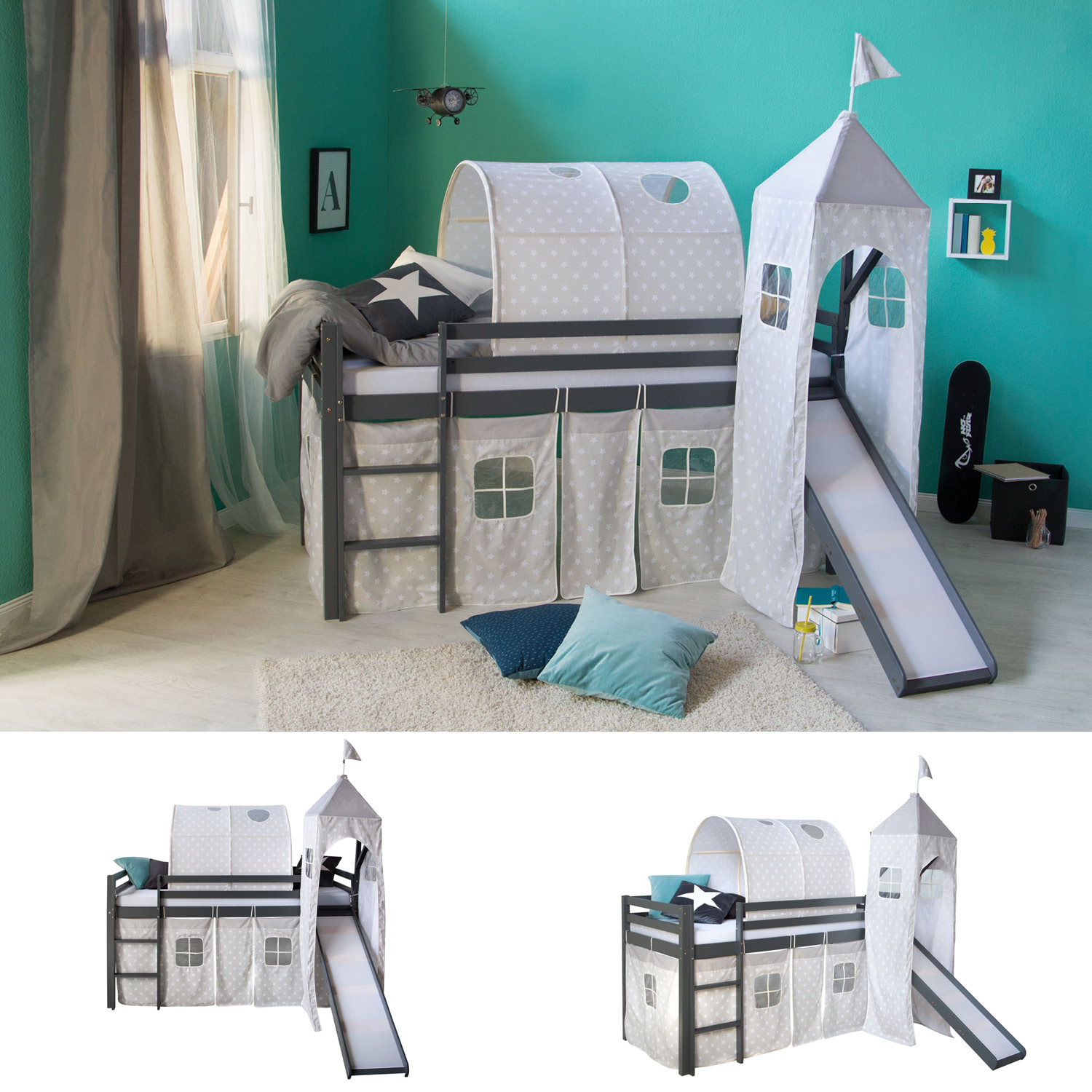 Loft Bed Kids 90x200 cm Gray with Curtain Stars | Tunnel | Tower | Slide | without Slatted Frame