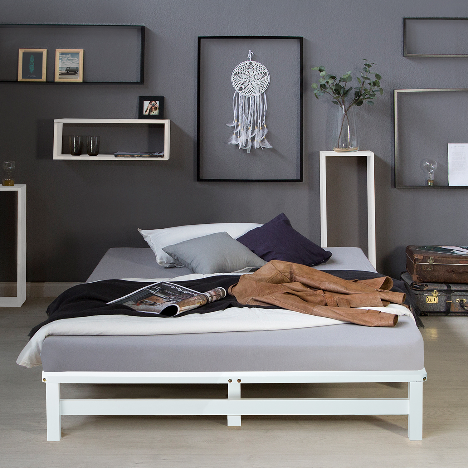 Pallet Bed 140x200 cm White | Double Bed with Mattress | with Slatted Frame | Wood | Kids Youth Guest Bedroom