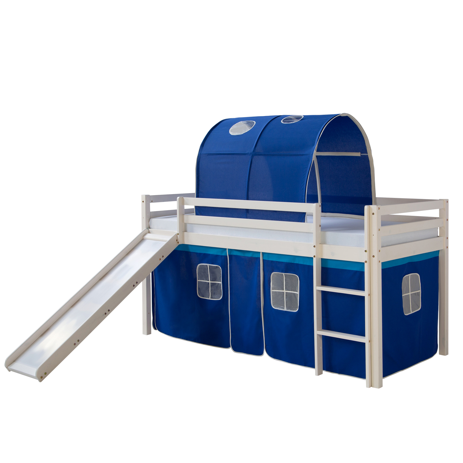 Loft Bed Kids 90x200 cm White with Curtain in Blue | Tunnel | Slide | without Slatted Frame Loftbed with Mattress 90x200 cm Slide Bunk bed Childrens bed Solid Pine Wood Curtain Tunnel Blue Slatts