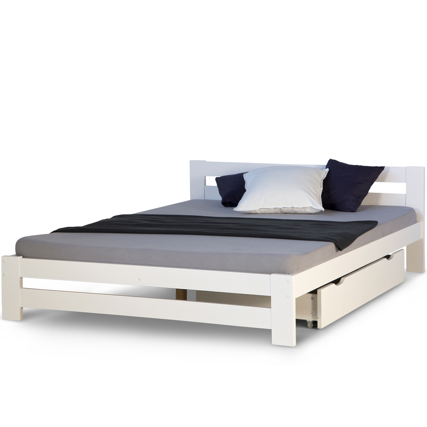 Wood Bed 140x200 cm White | Double Bed with Bed Drawer | with Slatted Frame | Solid | Kids Youth Guest Bedroom