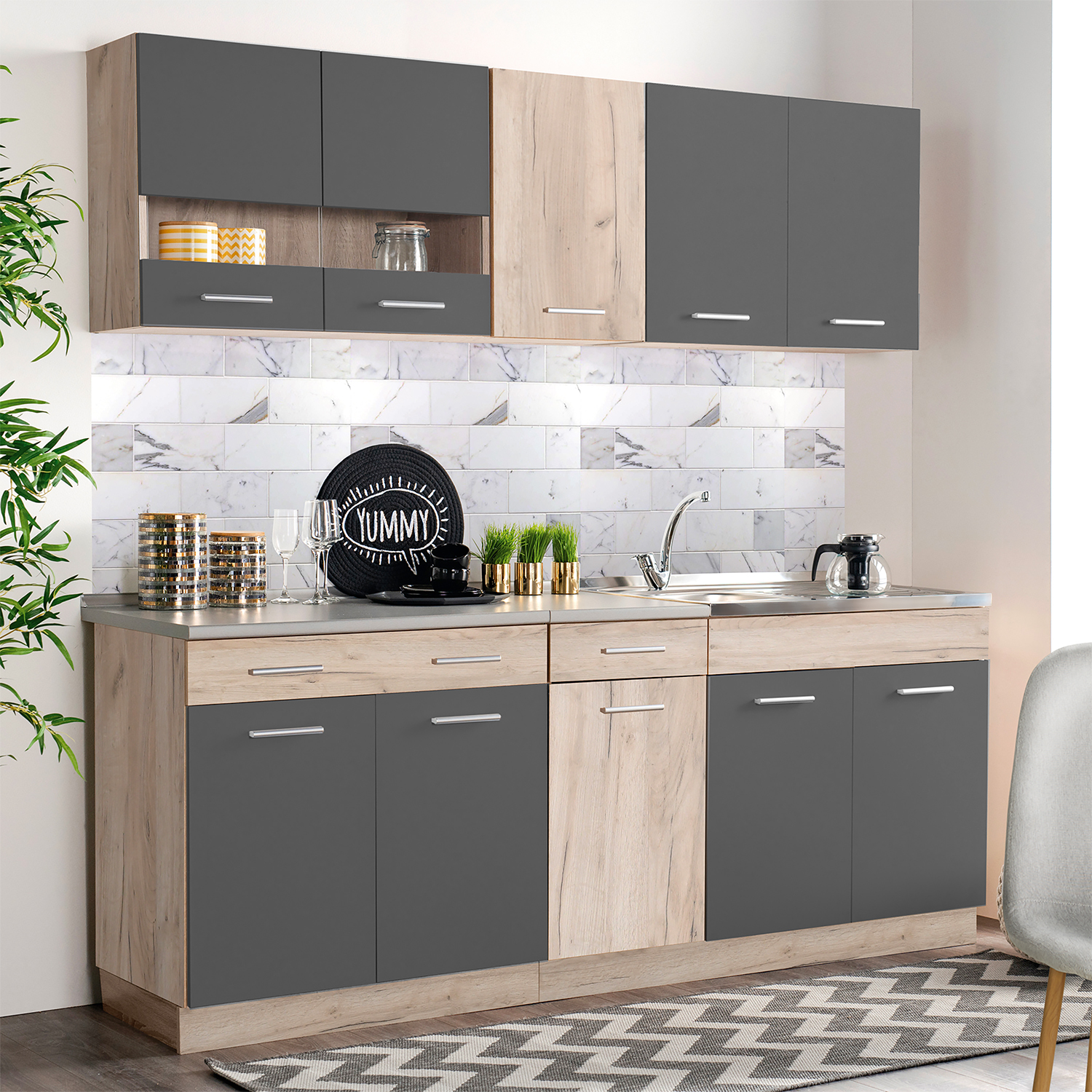 Moderne Küche Eiche Grau Küchenzeile ohne Geräte Einbauküche Singleküche Küchenschränke 120 cm