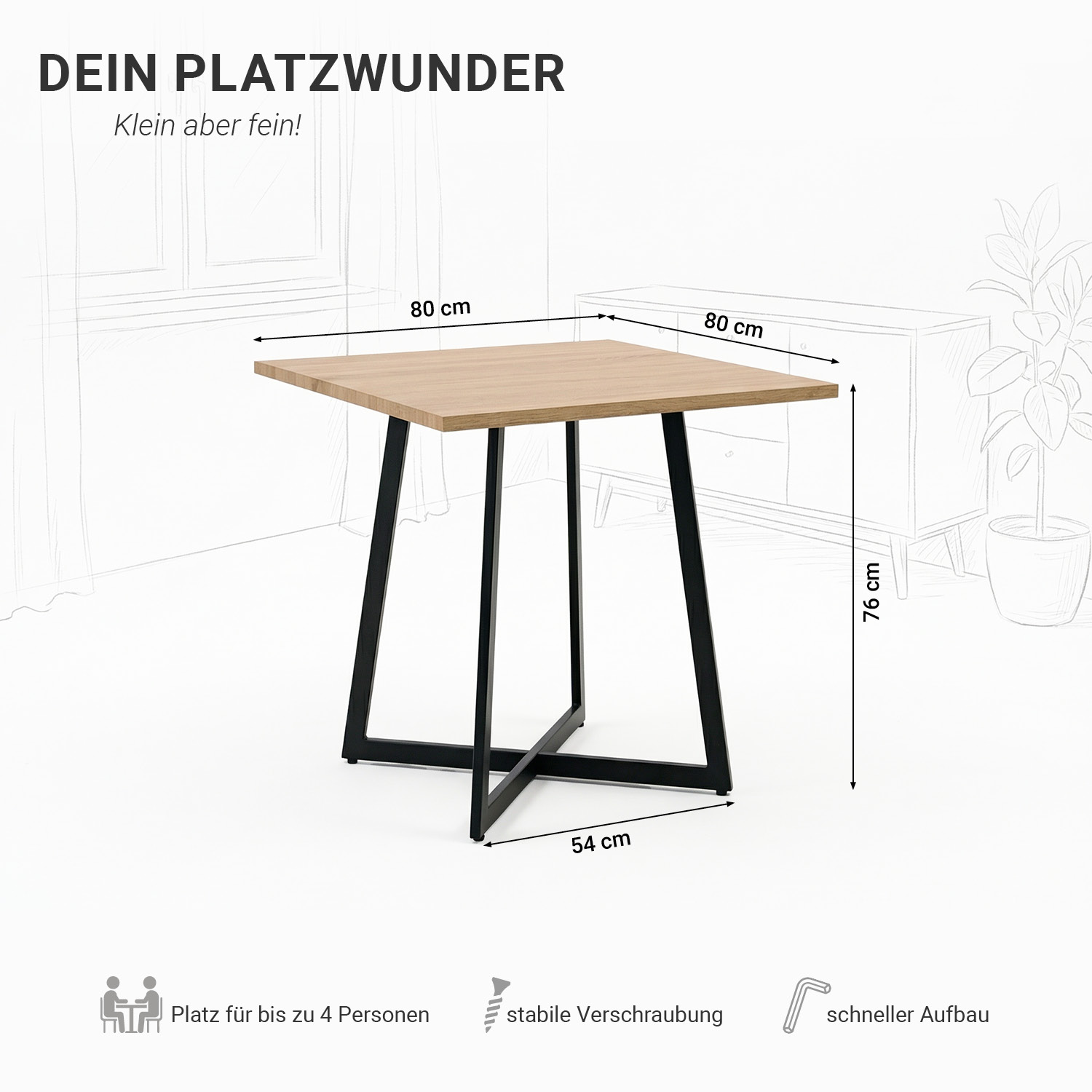 Modern Dining Table Kitchen Table Wooden Table 80x80 cm Oak Black Metal 4 Seater