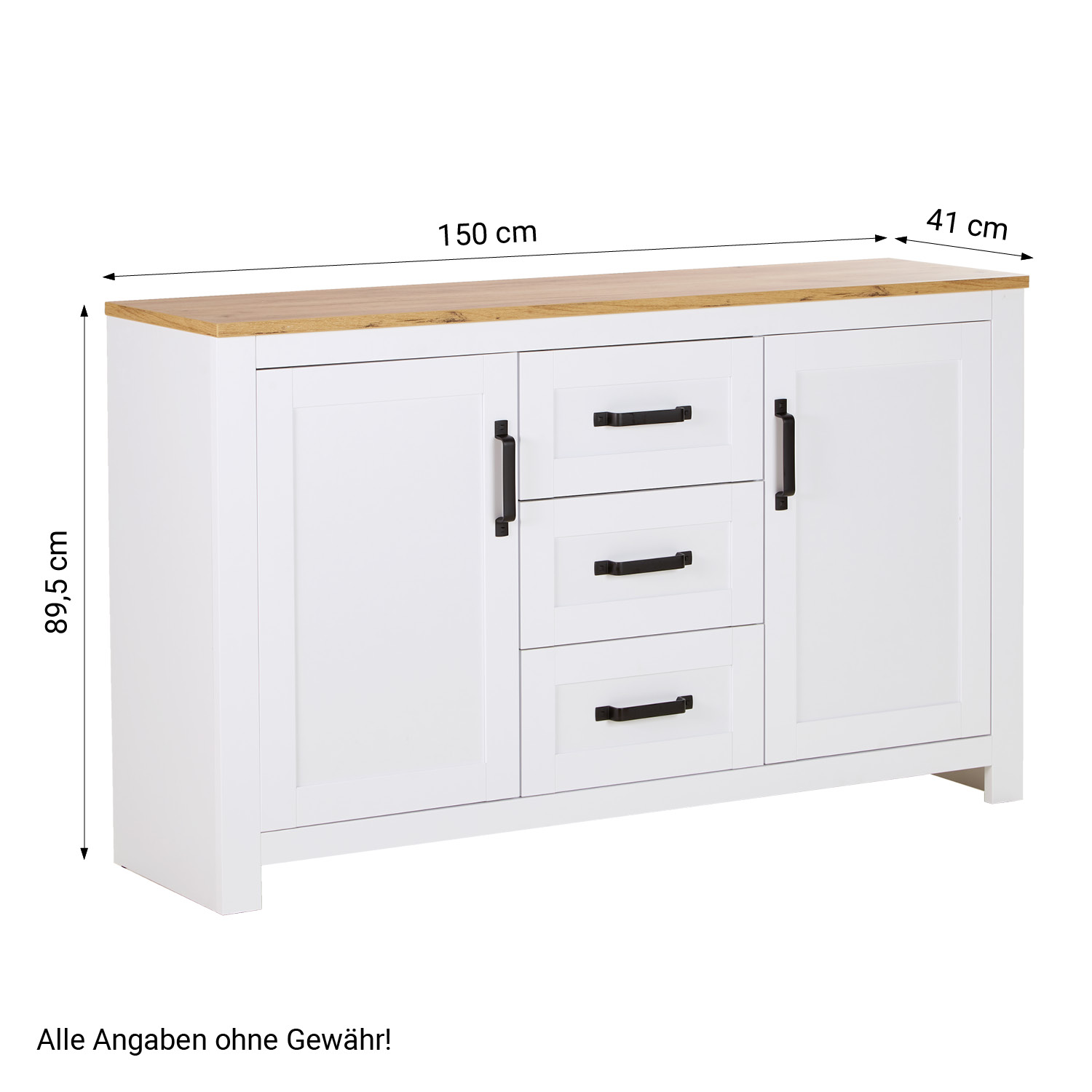 Chest of Drawers Sideboard White 150 cm Wood Oak Solid Cupboard with 3 Drawers Country Style Highboard Living Room Cabinet
