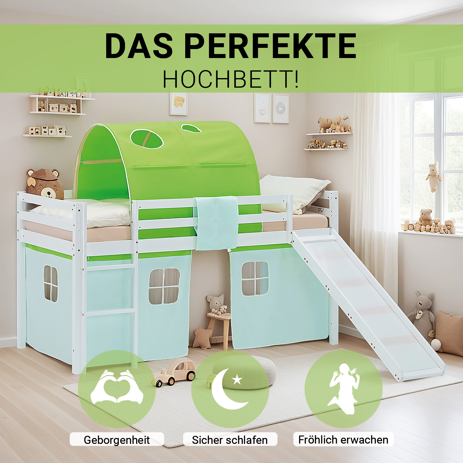 Loft Bed for Kids 90x200 cm White with Curtain & Tunnel in Green | Slide | with Slatted Frame and Mattress