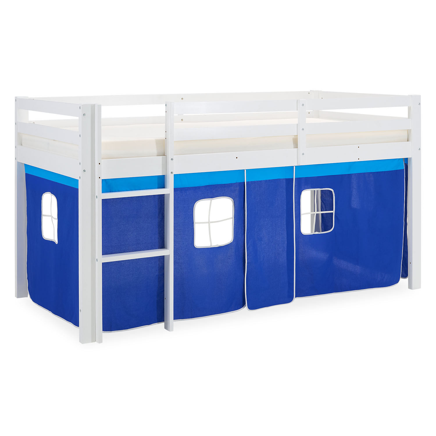 Children's loft bed, 90x200 cm, white with blue curtain | without slatted frame