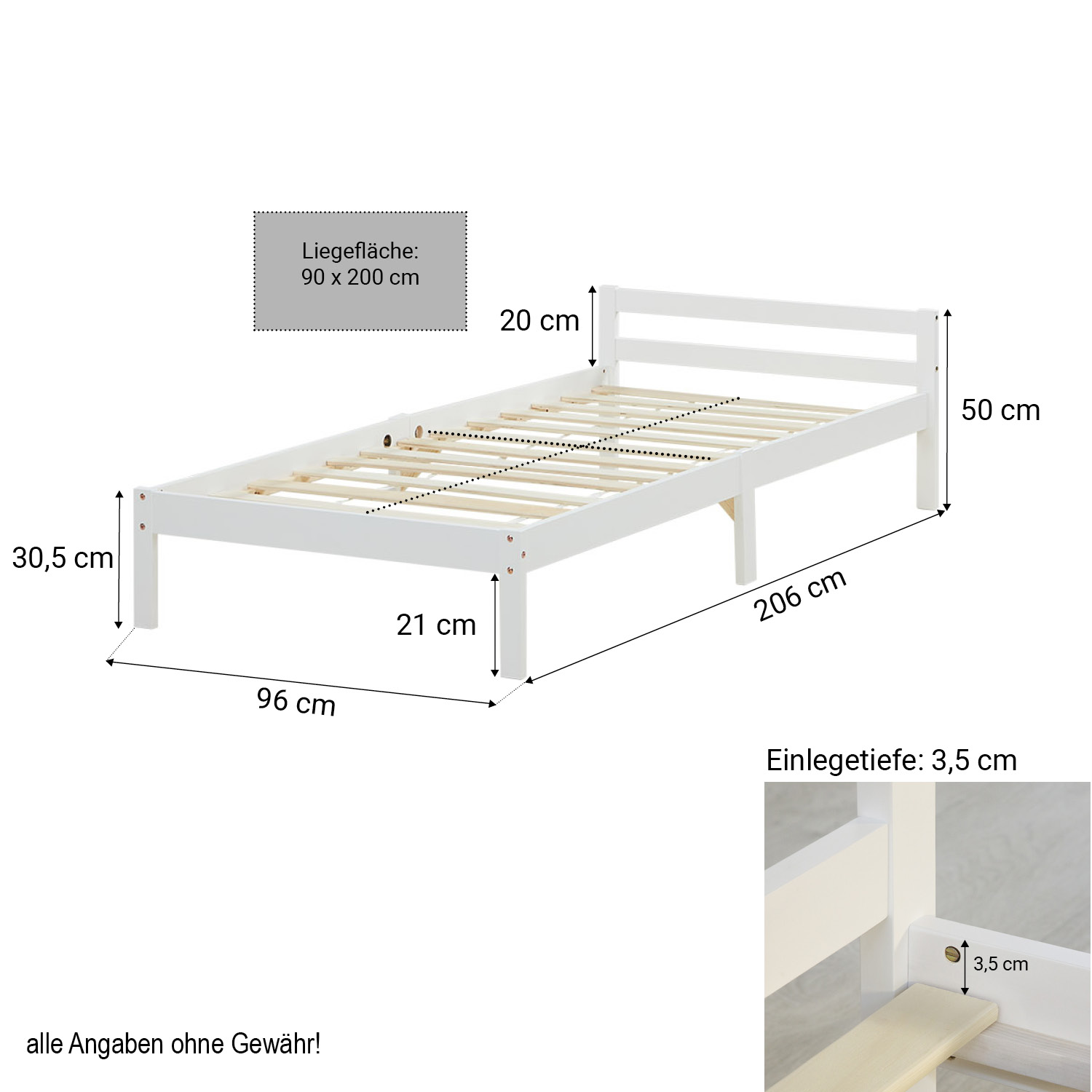 Wood Bed 90x200 cm White | Single Bed | with Slatted Frame | Kids Youth Guest Bedroom
