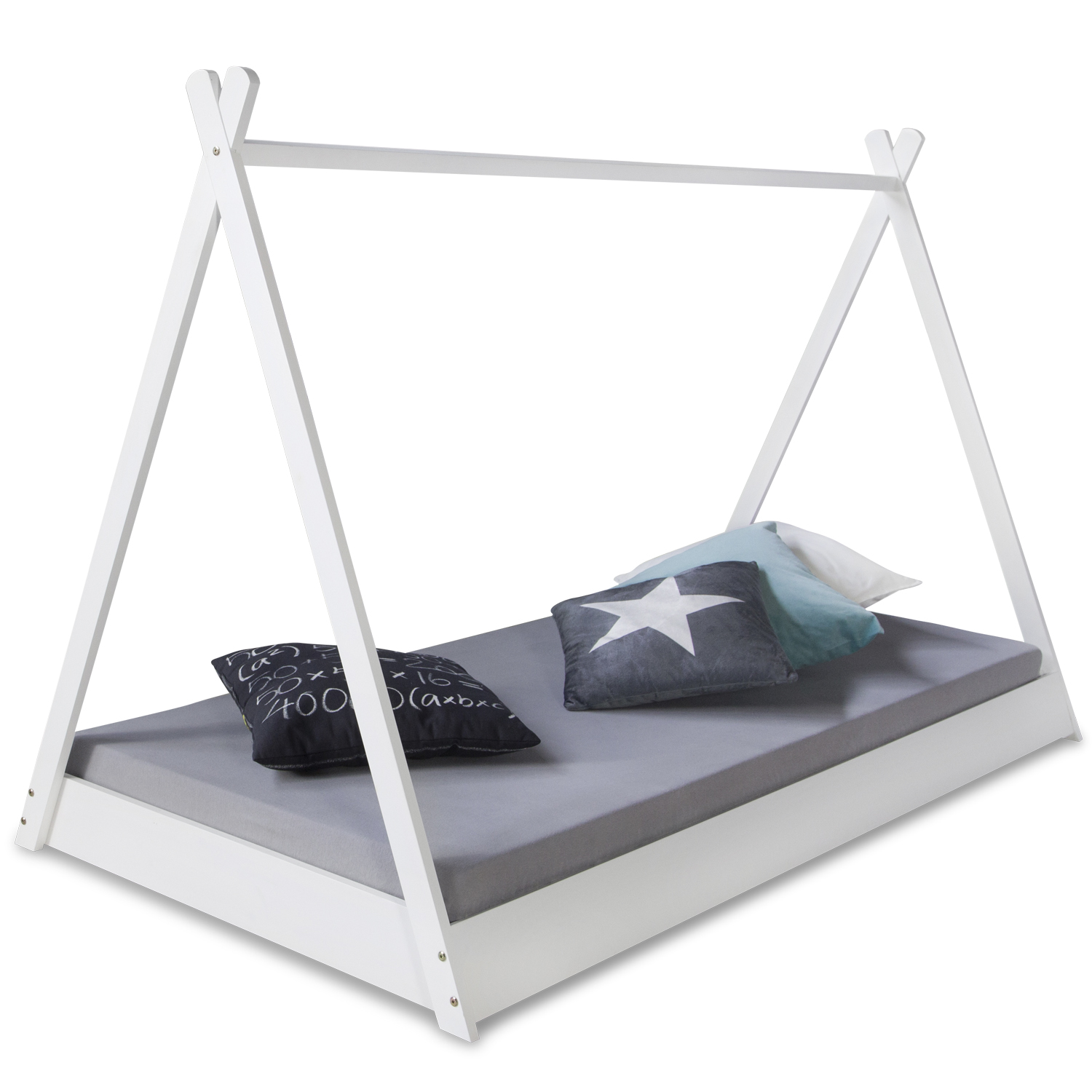 Children's Bed 90x200 cm White Gray Fabric | Tent Bed | Single Bed | with Slatted Frame | Wood