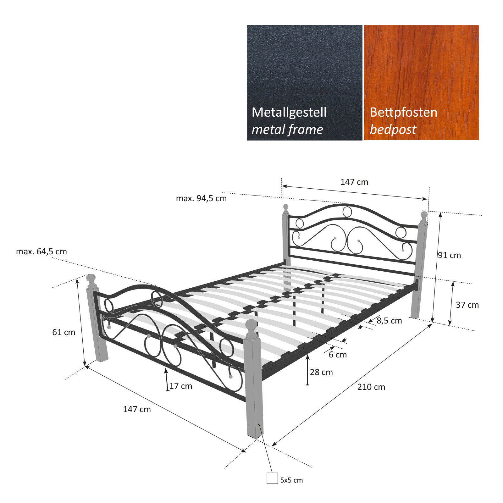Metal Bed Iron Bed Double 140 x 200 Wood Slatted black brown bed frame 803