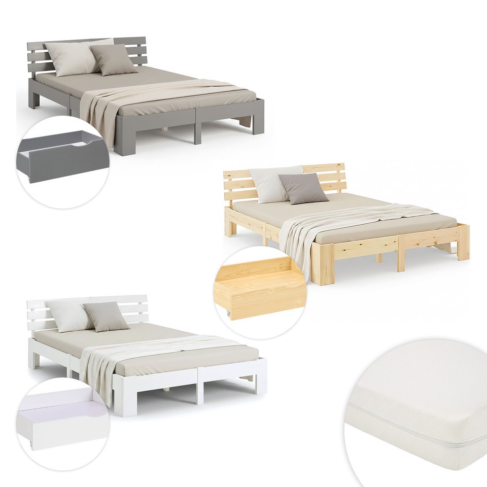 Holzbett 90 - 180 x200 cm Bett Natur Weiß Grau Einzelbett Doppelbett Holz Massiv Matratze Lattenrost 2 Bettkästen