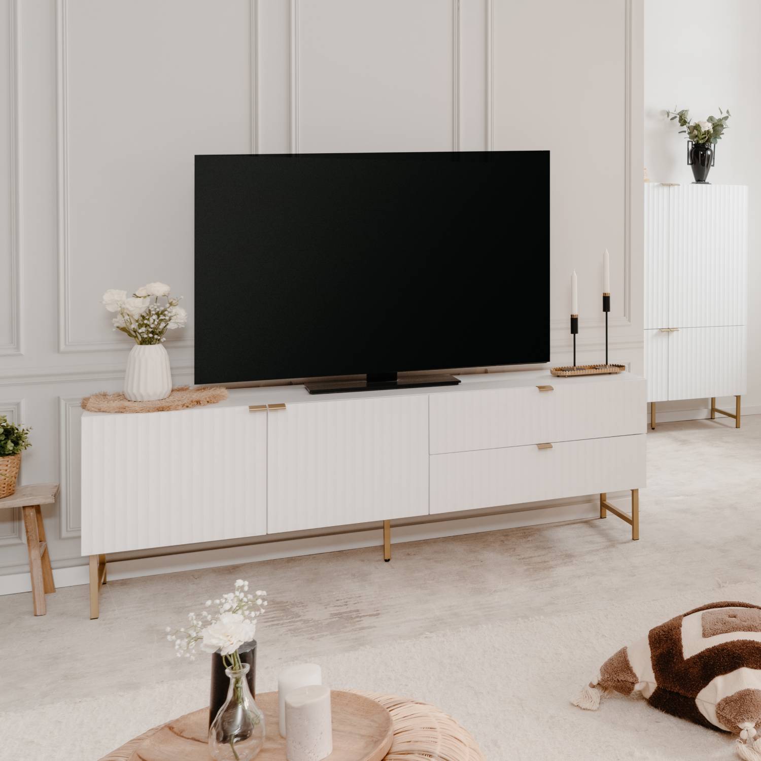TV Board White TV Cabinet with drawers TV Stand Sideboard Storage Wood Media Unit