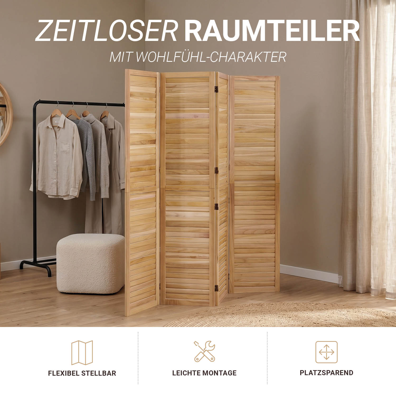 4-Panel "Natur" Folding Screen – Wooden Room Divider & Privacy Screen with Slats