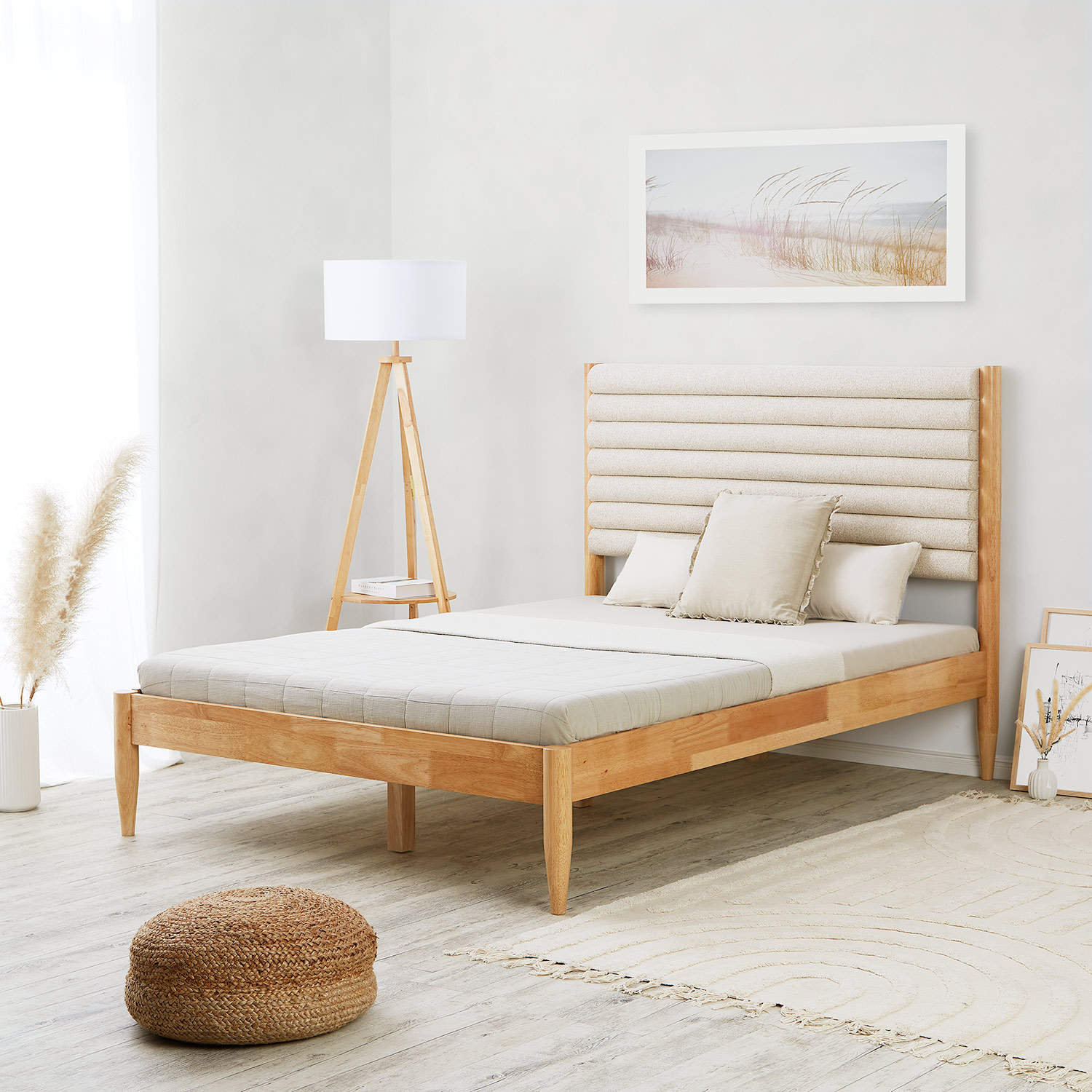 Wooden Bed 140x200 cm, Oak with Upholstered Headboard in Beige Bouclé, Includes Slatted Base & Mattress