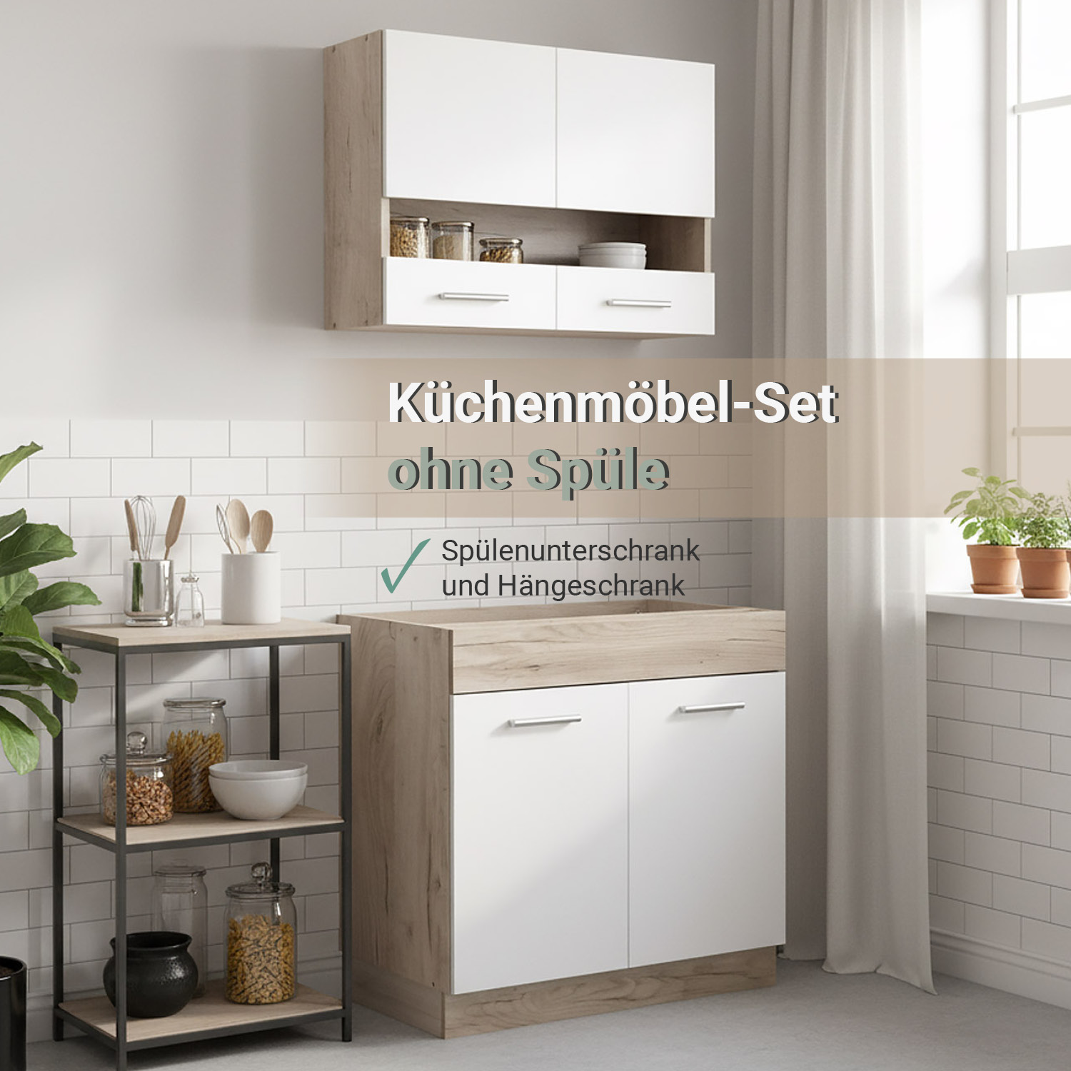 80 cm Kitchen Unit White & Oak – Mini Kitchen with Cabinet Elements, Without Sink and Appliances