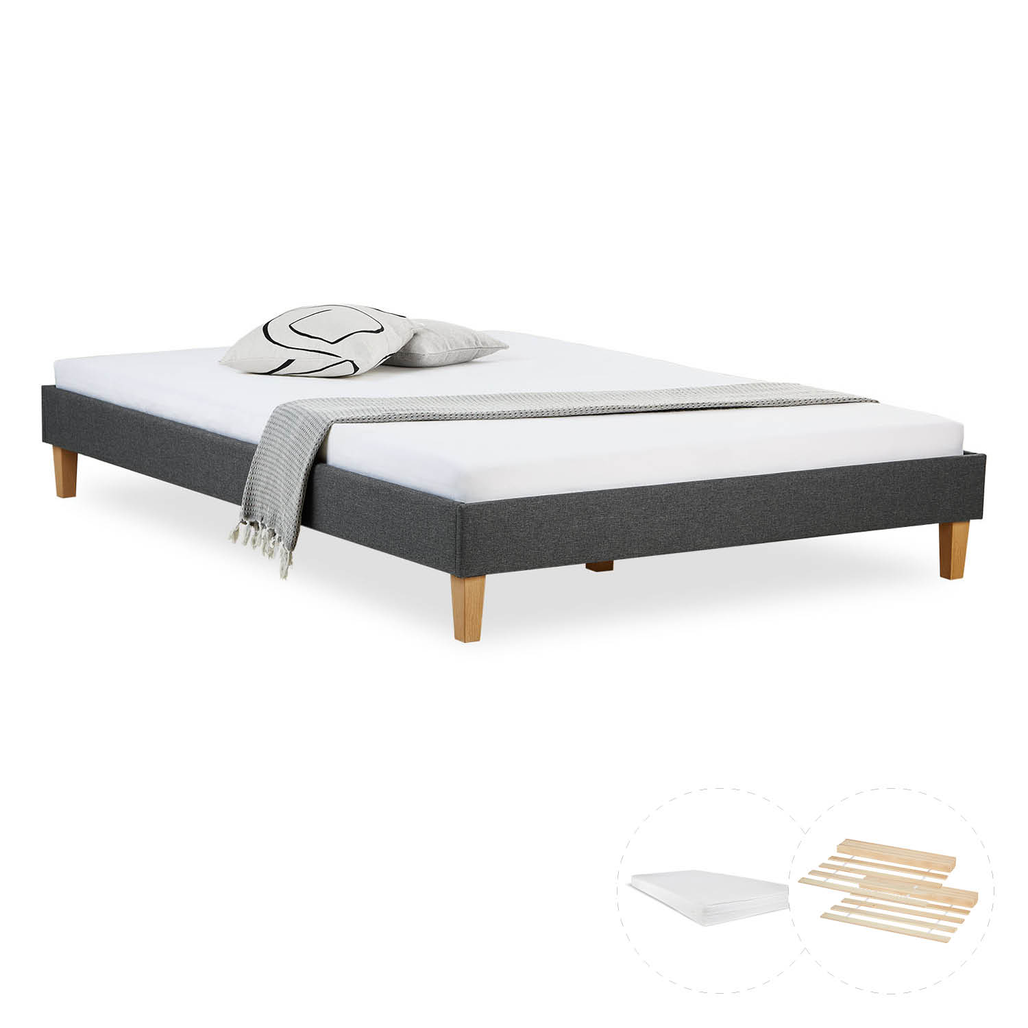 Upholstered Bed with Mattress 140x200 Slatted Frame Double Bed Fabric Bedstead Bed Grey
