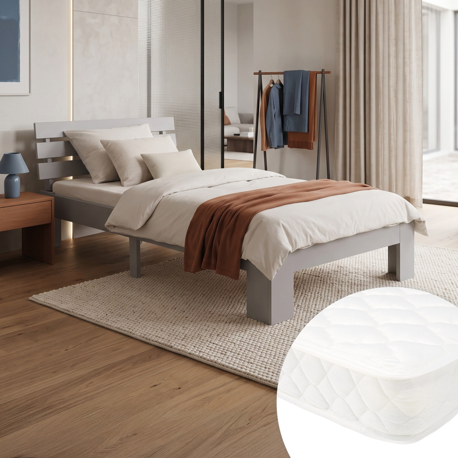 Wood Bed 90x200 cm Grey | Single Bed | with Spring Mattress | Solid | Youth Guest Bedroom