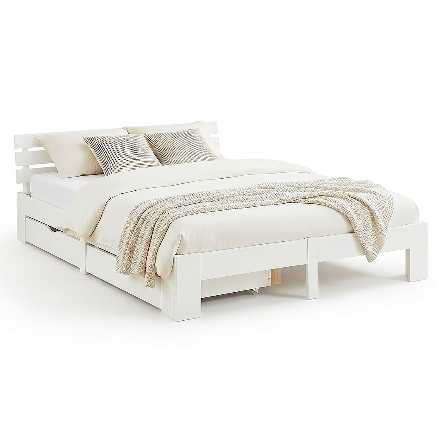 Wood Bed 160x200 cm White | Double Bed with Storage Drawers | with Slatted Frame | Solid | Kids Youth Guest Bedroom